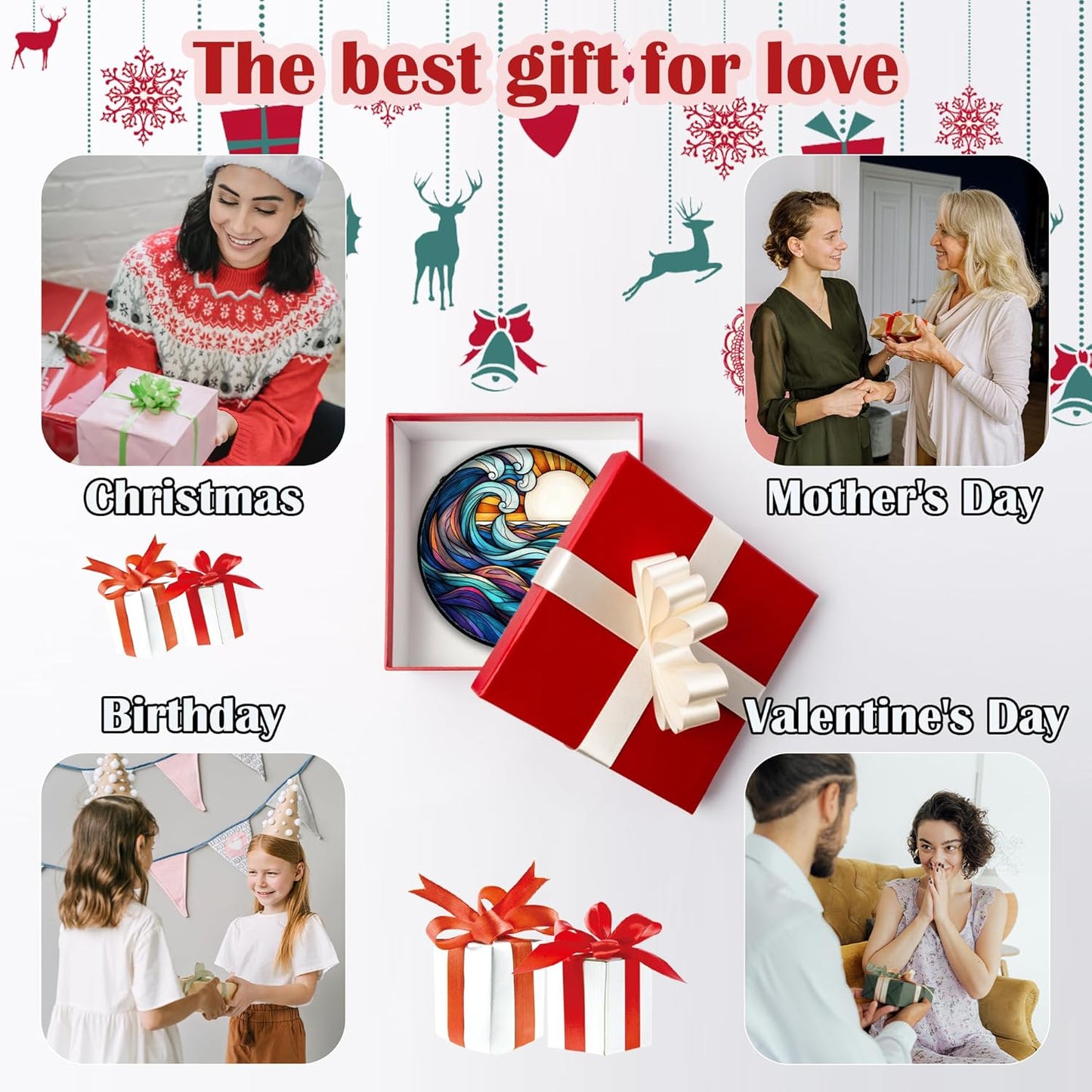 Stained Glass Window Hanging, Big Wave Sun Suncatcher Diamond Glass Panel Hangings Abstract Sun Catchers Decor for Birthday for Women, Men, Wife, Aunt, and Mom 11.8x11.8 in