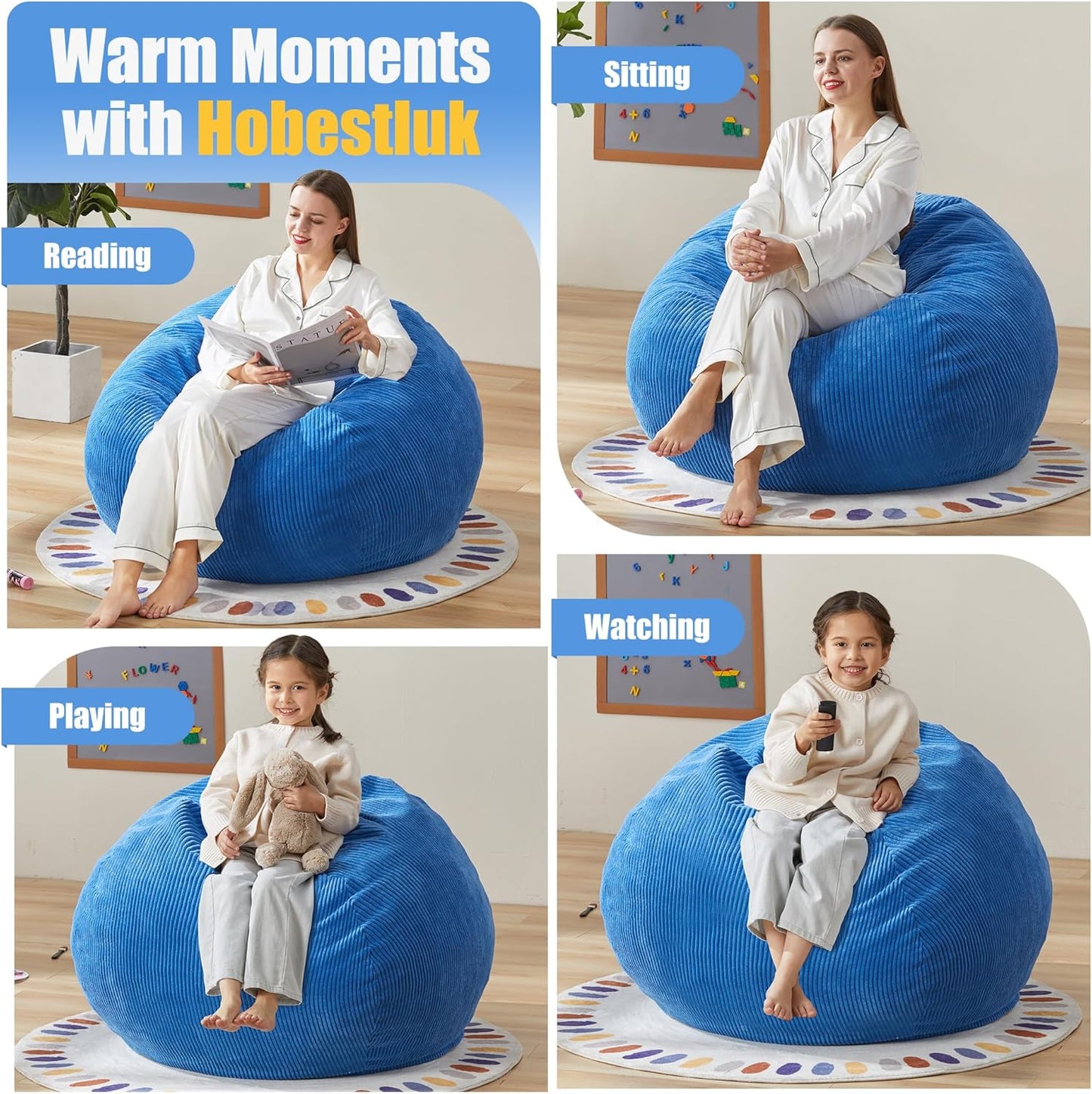 Hobestluk 3.5FT Bean Bag Chair Adult Bean Bag Chair Large Bean Bag Chair with Filler Included Teardrop Bean Bag with Removable Cover for Bedroom Living Room - (Large, Blue)