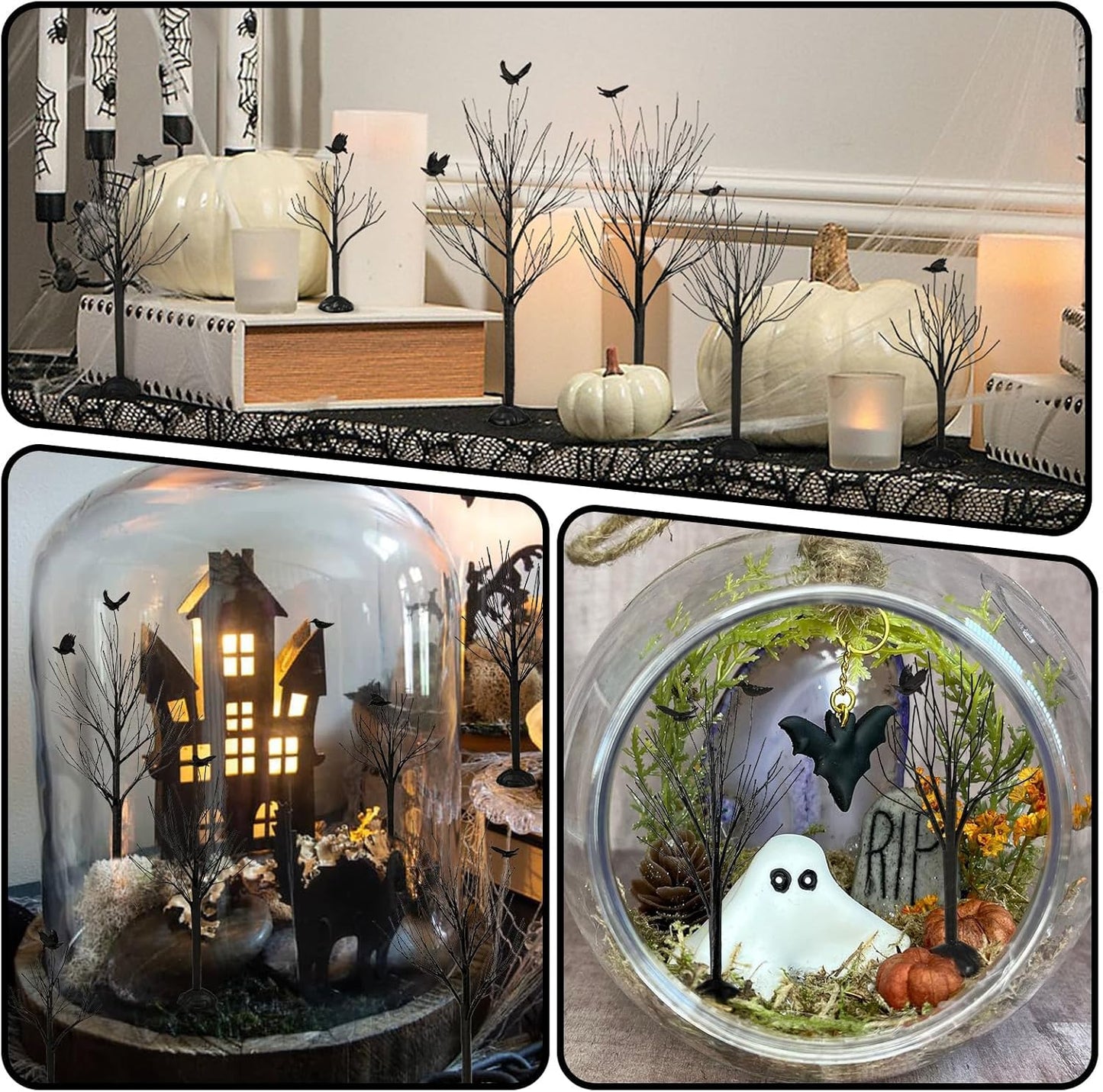 Warmtree 6 Pcs Halloween Village Trees Mini Decor Tree Artificial Tabletop Branch Trees, Halloween Village Accessories with Crows Figurine for Holiday Home Garden Office Festival Decor