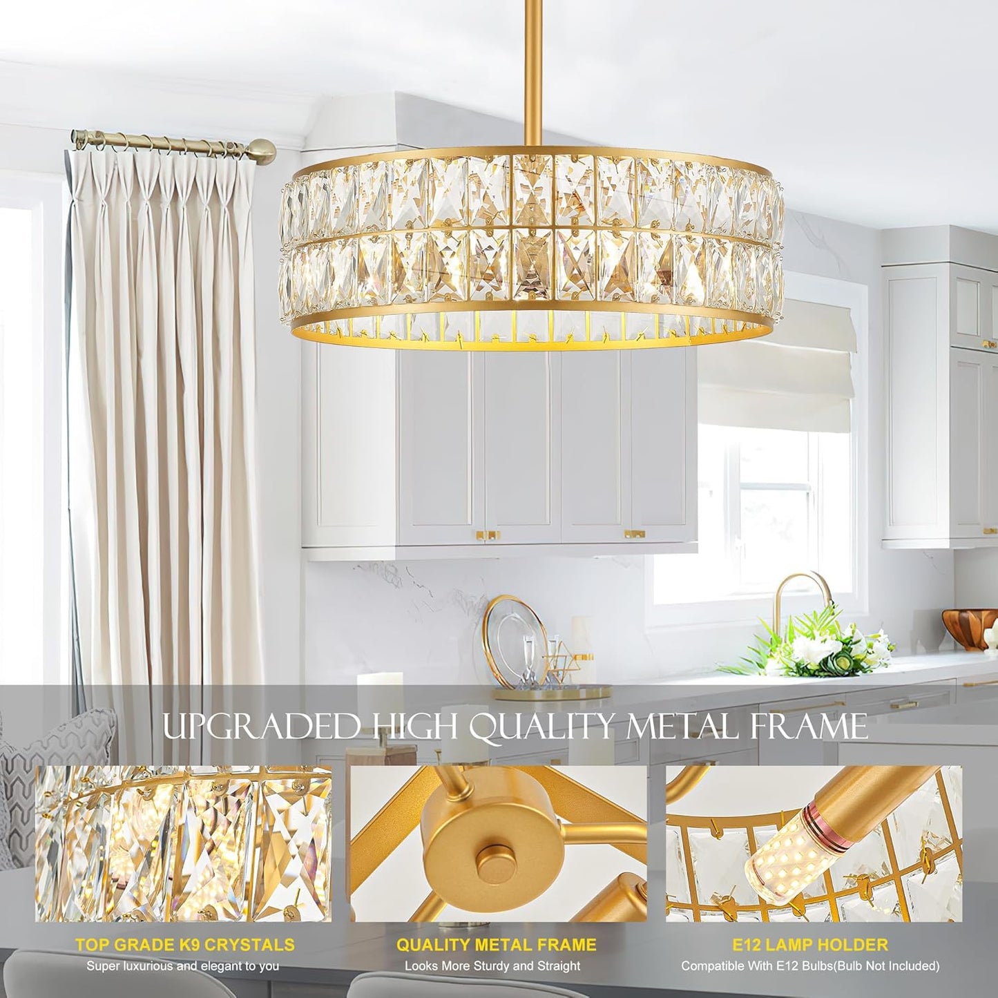 16โ 4-Light Modern Crystal Chandeliers Gold Dinning Room Light Fixture, Round Pendant Light Kitchen Island Chandelier, Flush Mount Ceiling Light for Living Room Entryway Bedroom Foyer