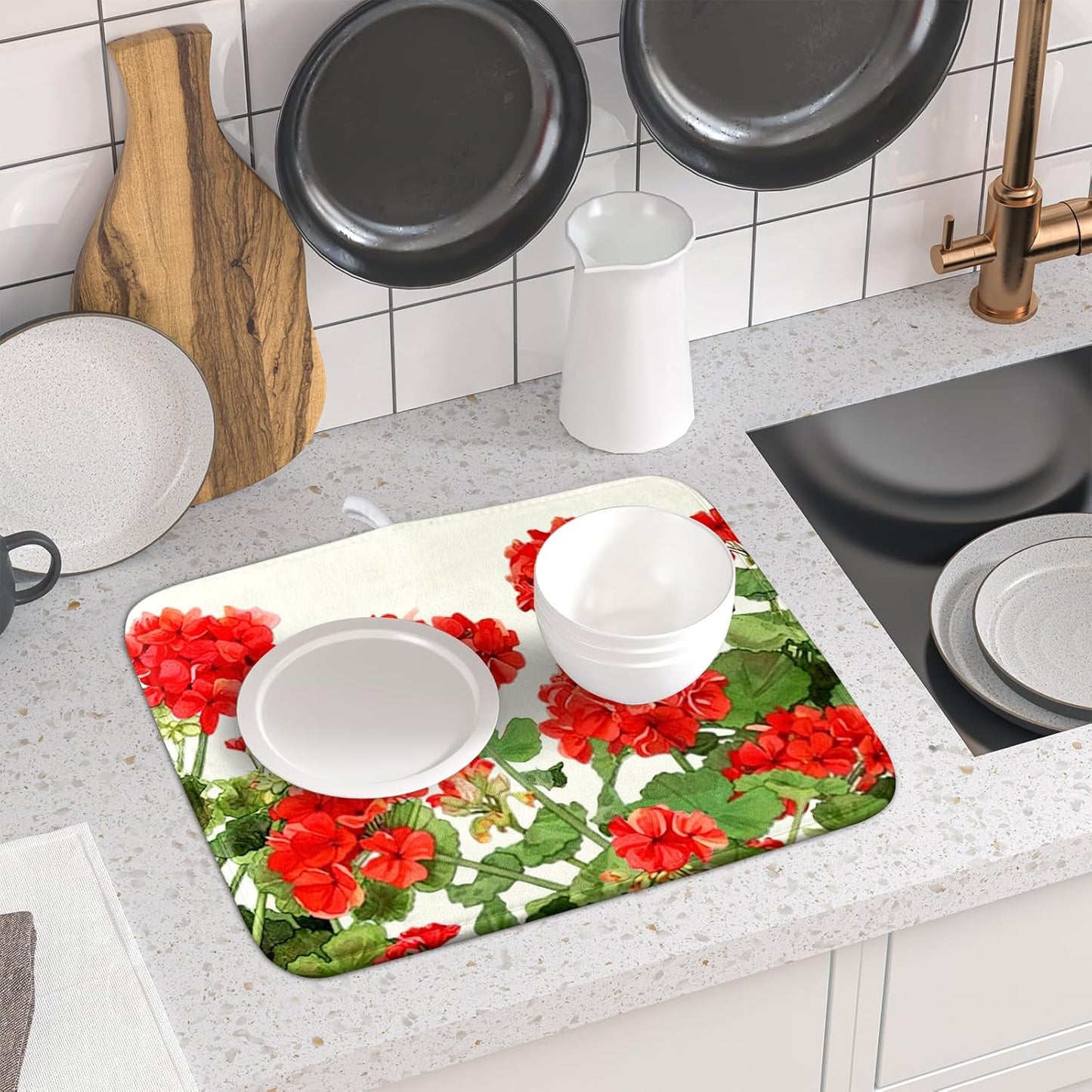 Spring Dish Drying Mat for Kitchen Counter Geranium Summer Floral Seasonal Absorbent Reversible Microfiber Kitchen Countertop Protector Dishes Pad Small 16x18 inch