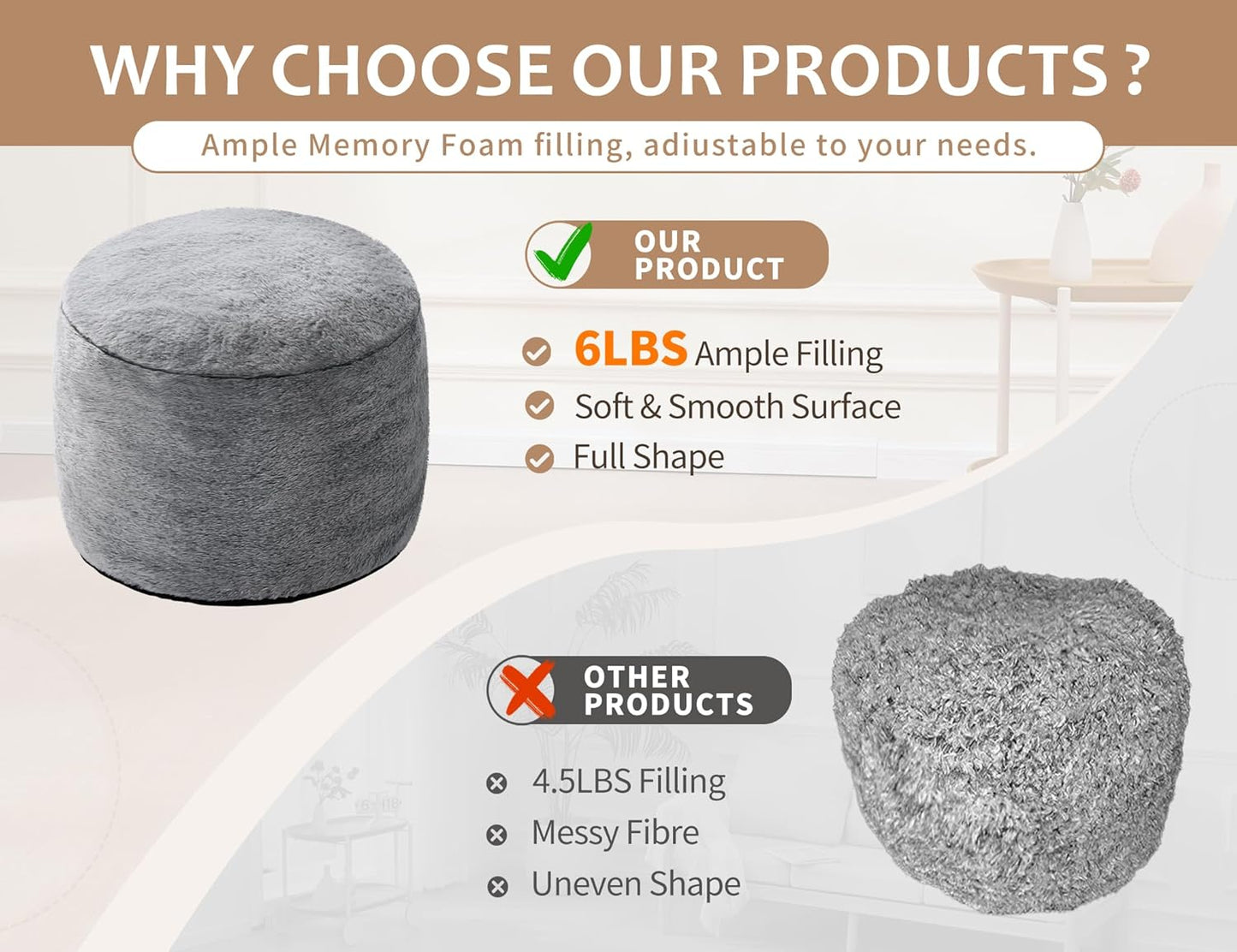 Boho Ottoman Living Room Furniture 20"x15" Large Round Ottomans Pouf Couch Foot Rest Grey Pouf Ottoman Foot Rest with Foam Chunk Filling Pouffe Ottomans Stuffed Foot Rest Poufs for Couch