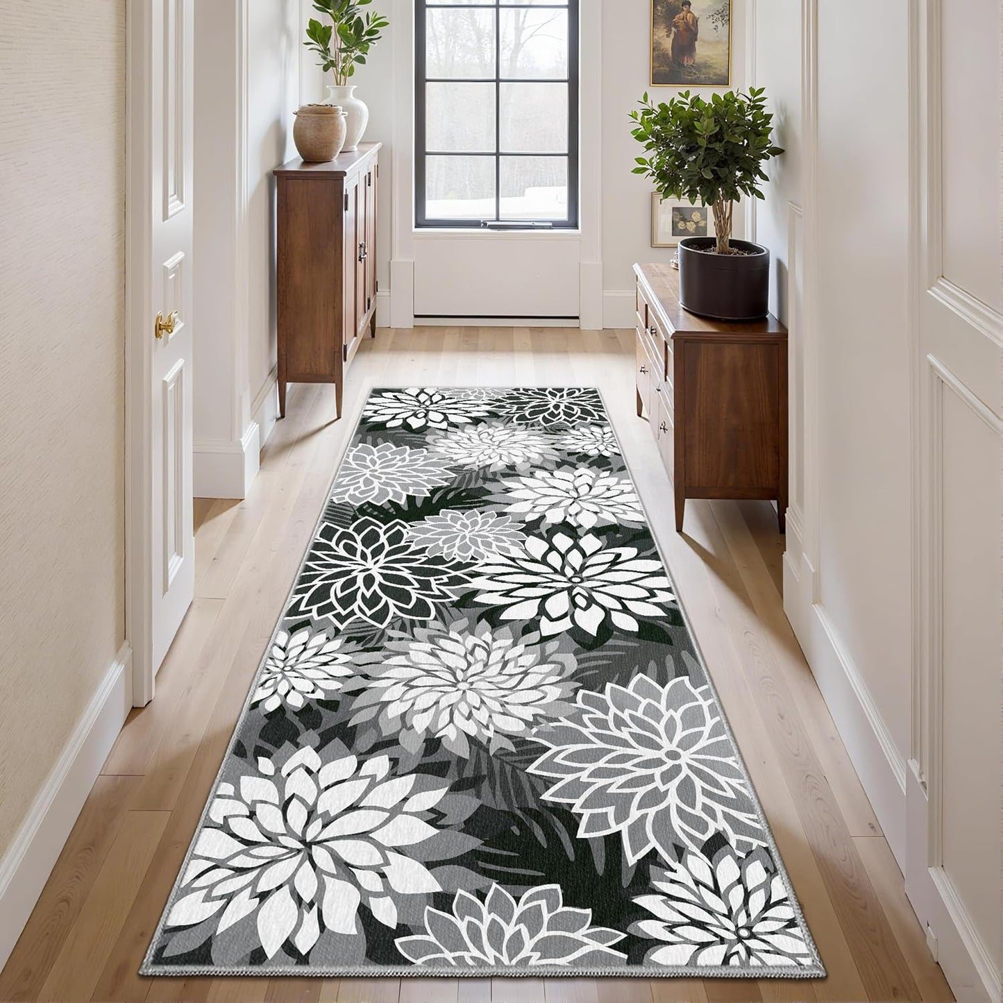 Area Rug 2x6 Black White Washable Entry Rug Multicolored Tropical Botanical Modern Floral Indoor Kitchen Door Mat Entrance Carpet Non Slip for Bedroom Living Room, Porch