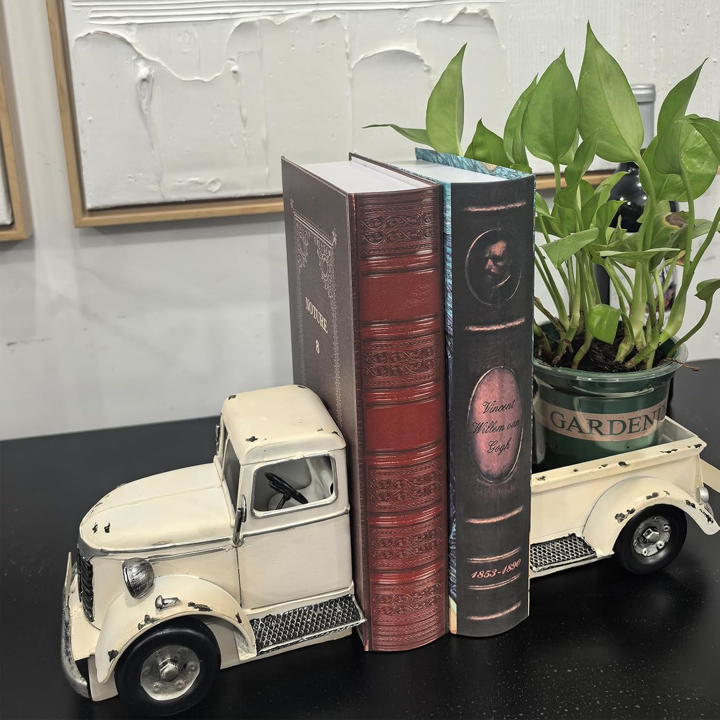 Decorative Book Ends Vintage Bookends: Metal Truck Book Stopper for Heavy Books - Farmhouse Decor for Shelf Table Coffee Bar Office Home - Gift for Adults Men Teen (Vintage White)