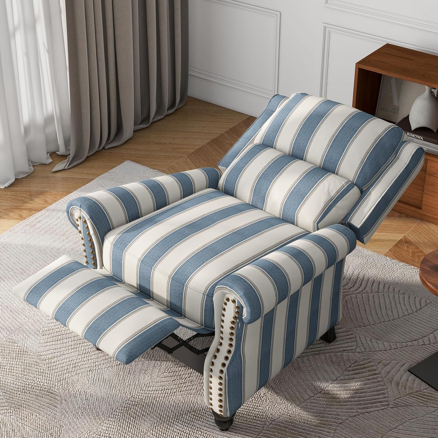 UIXE Pushback Recliner Chairs Set of 2, Fabric Overstuffed Armchair Push Back Accent Chair for Living Room, Rivet Trim Club Chair Home Theater Bedroom Side Reading Seats - Strip Navy