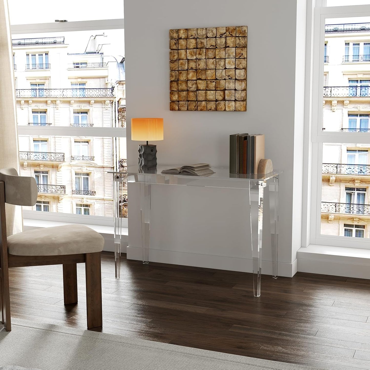 HMYHUM Acrylic Computer Desk, 43.3 Inch, Clear Study Desk for Home Office, Writing, Vanity, Modern, Easy Assembly, 19.7" W x 29.5" H, Right-Angle Legs Design