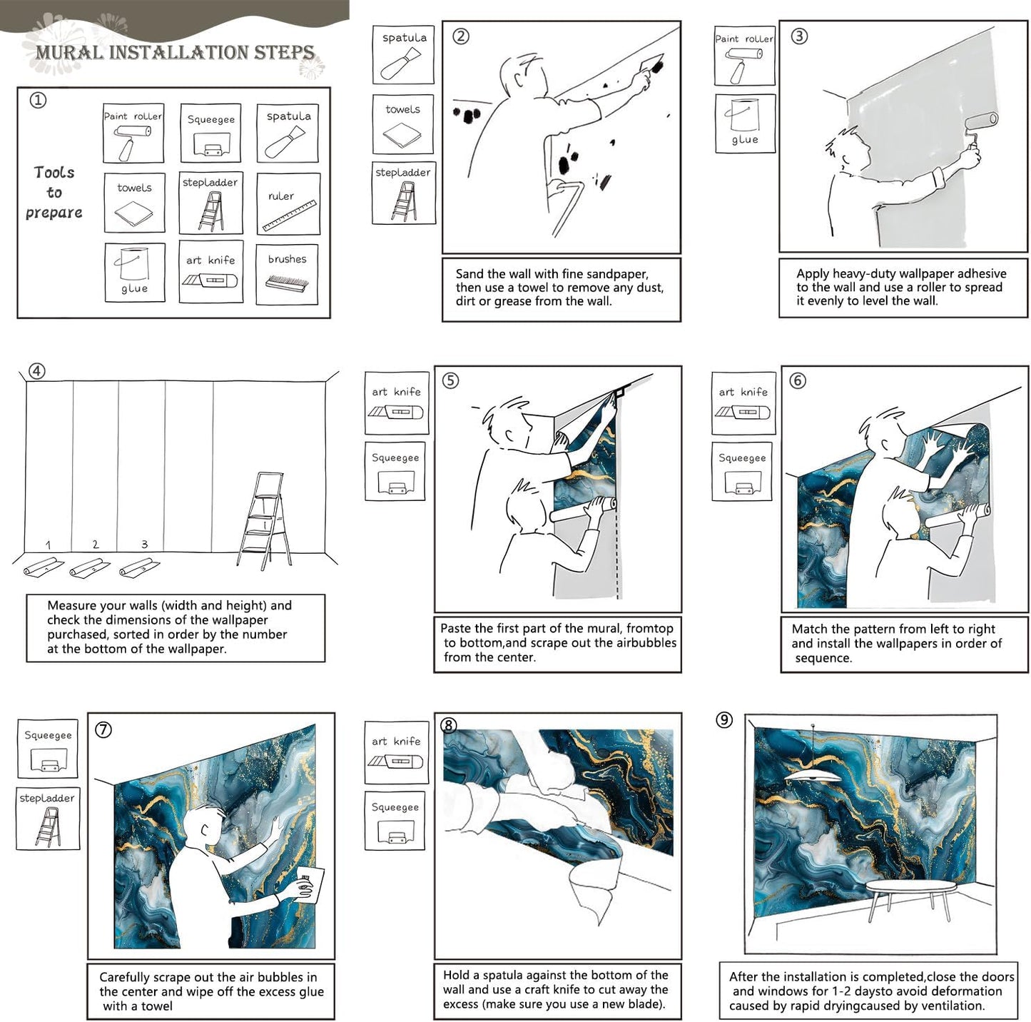 AFZEVEB-Blue and Gold Marble Wallpaper Abstract Art Wall murals for Bedroom 114"x74" (Not Peel and Stick)