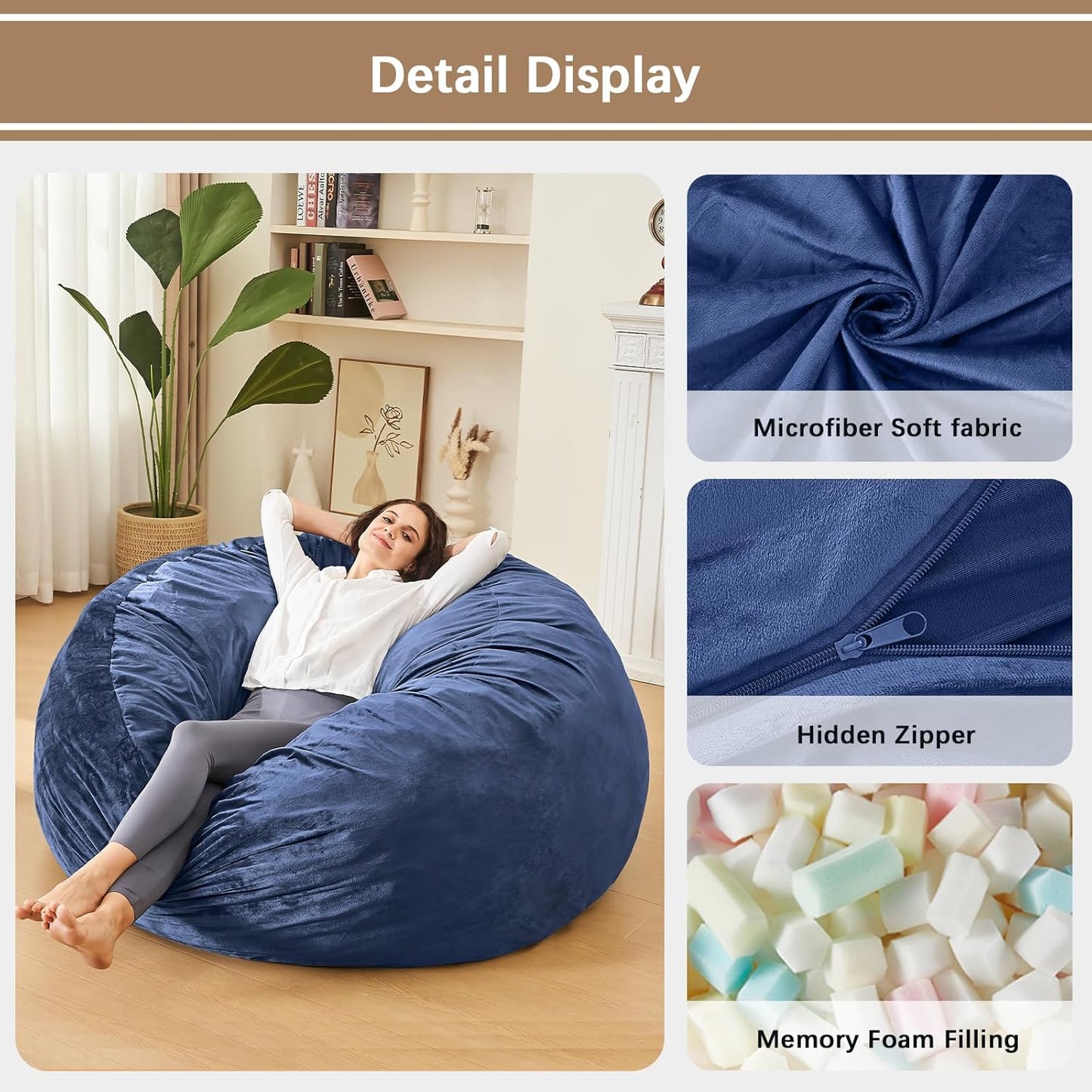 Bean Bag Chairs for Adults - Memory Foam Furniture BeanBag Chair - Kids/Teens Sofa with Soft Micro Fiber Cover - Round Fluffy Couch for Living Room Bedroom College Dorm - 5 ft, Navy