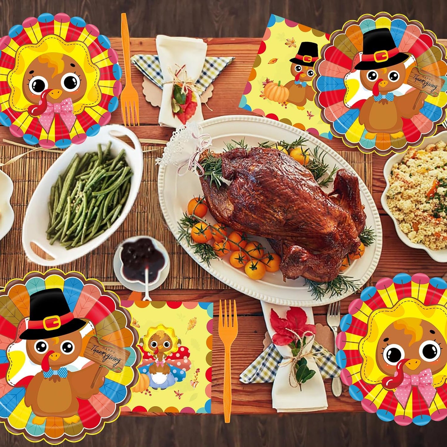 Turkey Thanksgiving Party Supplies - 96 Pcs Fall Decorations Set With Paper Plates, Napkins, Forks - Autumn Disposable Tableware for Harvest Party