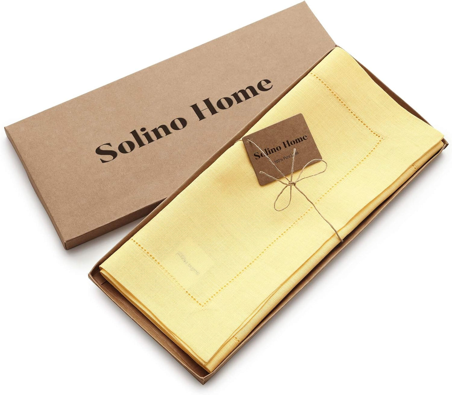 Solino Home Linen Yellow Table Runner 48 Inches - Classic Hemstitch, 100% Pure Linen Coffee Table Runner 14 x 48 Inch Ideal for Dresser Tables