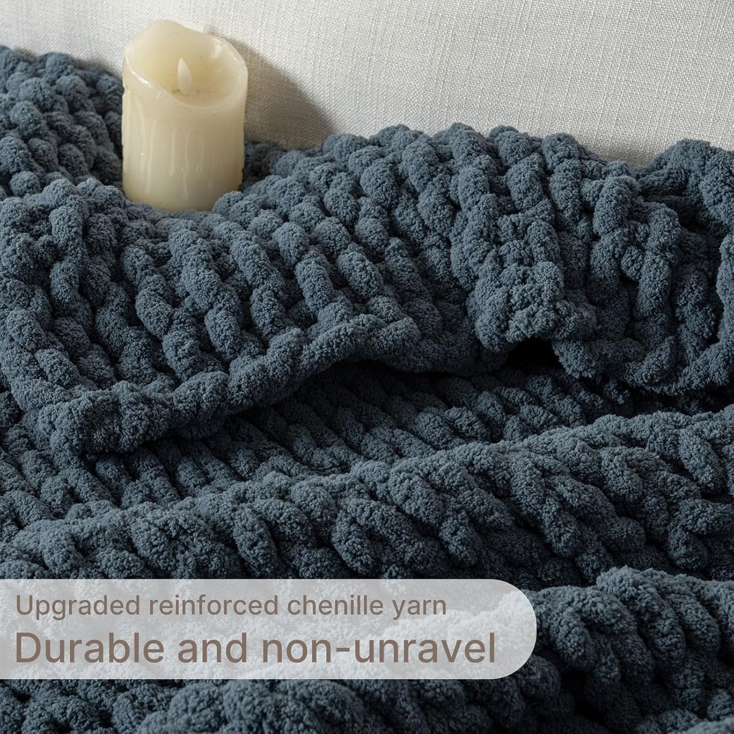 Chunky Knit Blanket Throw, 100% Hand Knit Throw Blanket Handmade Chenille Cable Knit Throw for Couch, Stylish Cozy Soft Rope Knot Crochet Blanket for Home Decor, Blue Mirage, 50x60 Inches