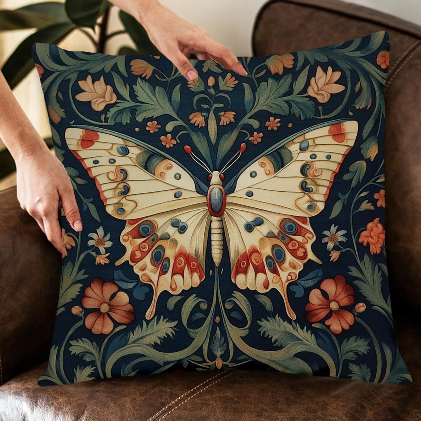 William Morris Abstract Vintage Floral Velvet Butterfly Design Throw Pillow Covers Home Decor, Retro Art Deco Pillowcase Cushion Cover for Bed Sofa Living Room, Square 18x18inch (Beige-Butterfly)