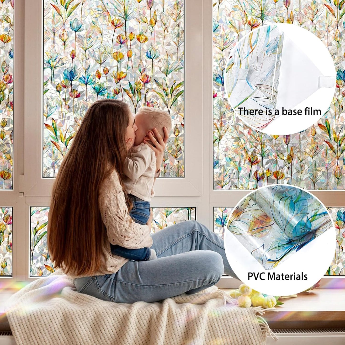 Rainbow Window Privacy Film 3D Floral Decorative Stained Glass Window Film Anti UV Non-Adhesive Reusable 23.6" x 78.7" for Home Room Car Glass Cling