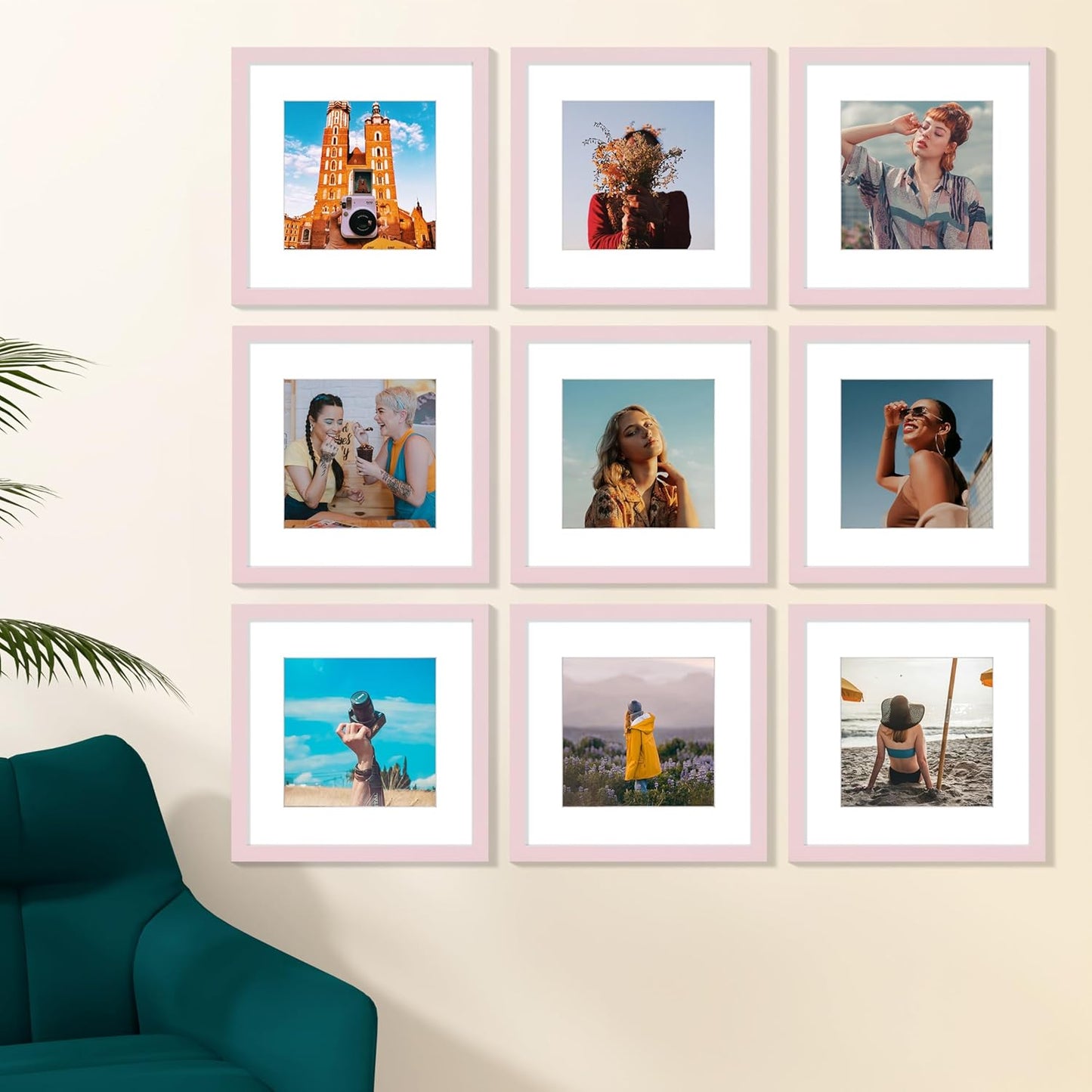 Vittanly 12x12 Picture Frame Set of 9 - Display 8x8 Photos with Mat or 12x12 Without Mat, Wall Mount Frames for Home Decor, Horizontal or Vertical (Pink)