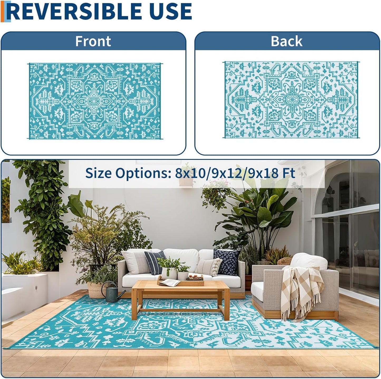 Waterproof Outdoor Rug 9x18 Reversible Plastic Straw Patio Rug, Stain-Resistant Vintage Medallion Carpet, Large Indoor Outdoor RV Mat for Deck, Camping, Balcony, Light Blue/White