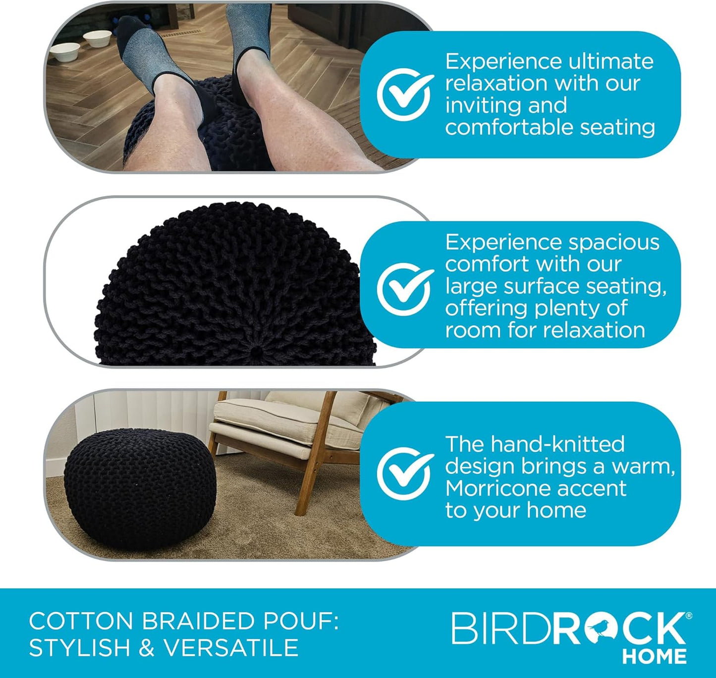 BIRDROCK HOME Round Pouf Ottoman | Cotton Braided Foot Stool with Bean Bag Filling | Boho Foot Rest for Living Room & Bedroom | Compact & Comfortable Seating, Lightweight & Soft | Black