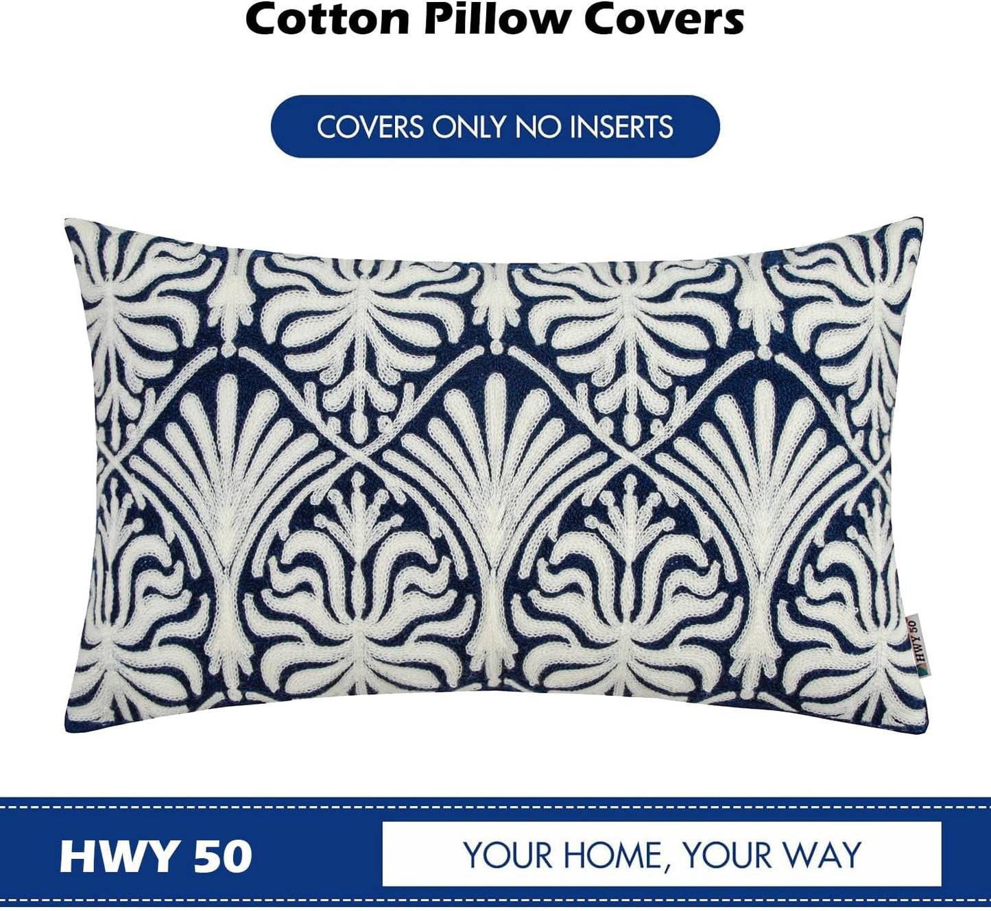 HWY 50 Navy Blue Decorative Lumbar Pillow Cover Rectangle 12x20 Inch (1 Piece), Embroidered Cotton Farmhouse Cushion Cover Pillow Case for Sofa Couch Living Room Bed, Minimalist Floral