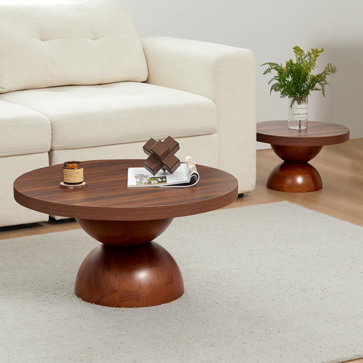 Solid Wood Round Nesting Coffee Table Set of 2, Circle Accent Tables with Unique Semi-Circular Legs, Modern Farmhouse Side End Table Set for Small Space Living Room Office (Walnut)