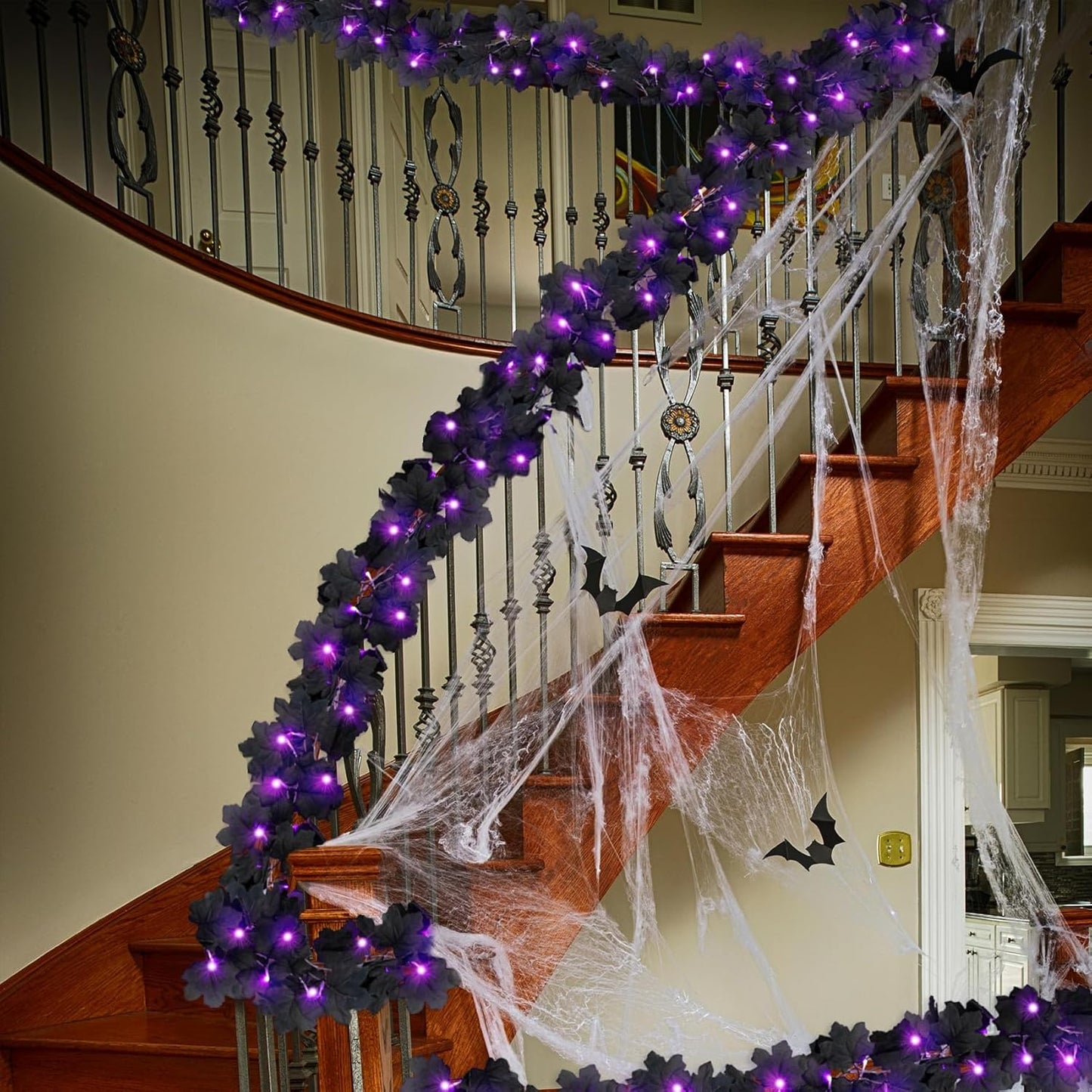 Ouddy Decor 2 Pack Lighted Black Garland Decorations, Total 20 Ft 60 Led Fall Lights Maple Leaves Battery Operated for Indoor Outdoor Thanksgiving Front Door Decor, Purple