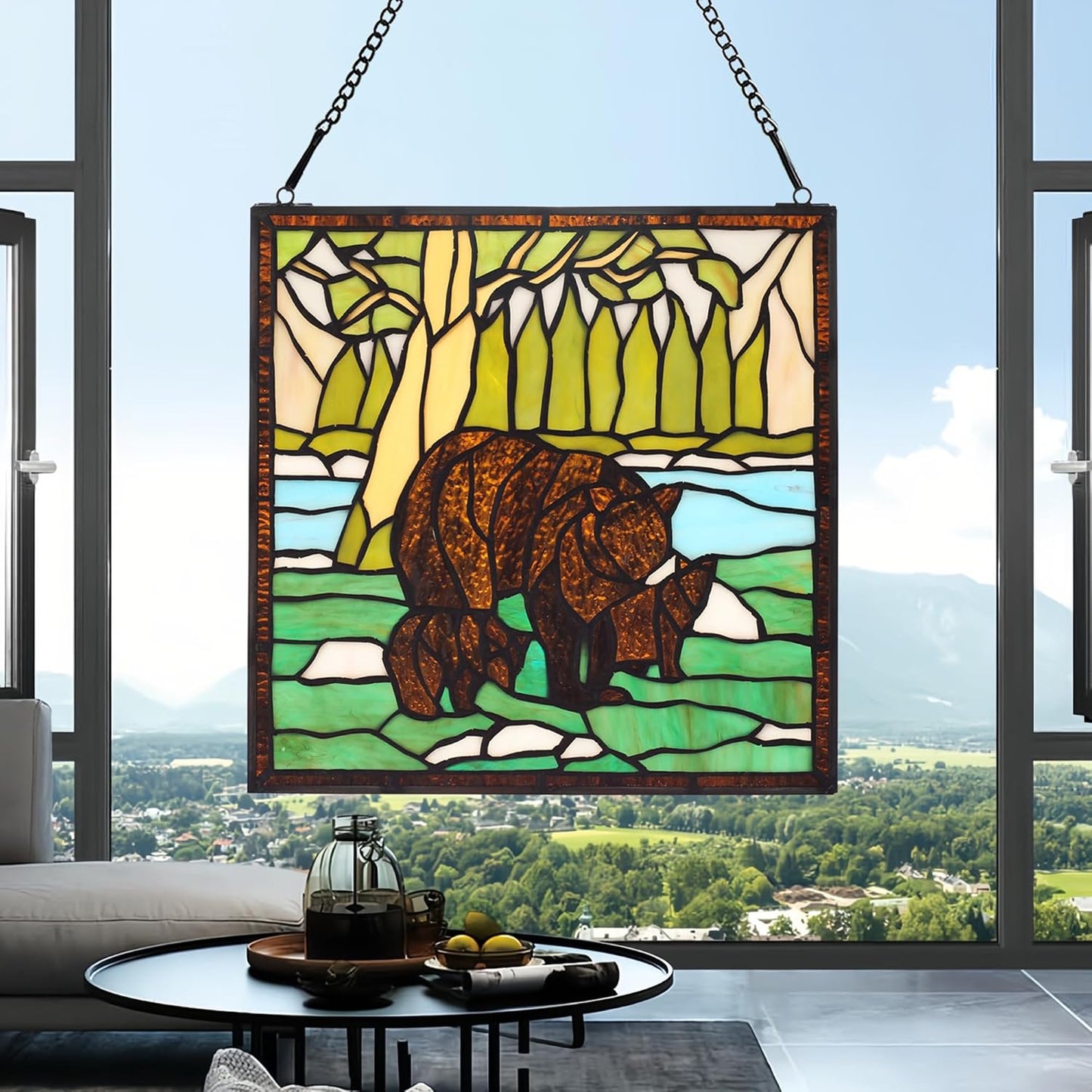 bwkoiujes Stained Glass Window Hanging 12" Square Tiffany Animal Style 3 Brown Bears Suncatcher Wall Decor Art Panel Includes 20" Chain and Hooks The Perfect Housewarming Gift