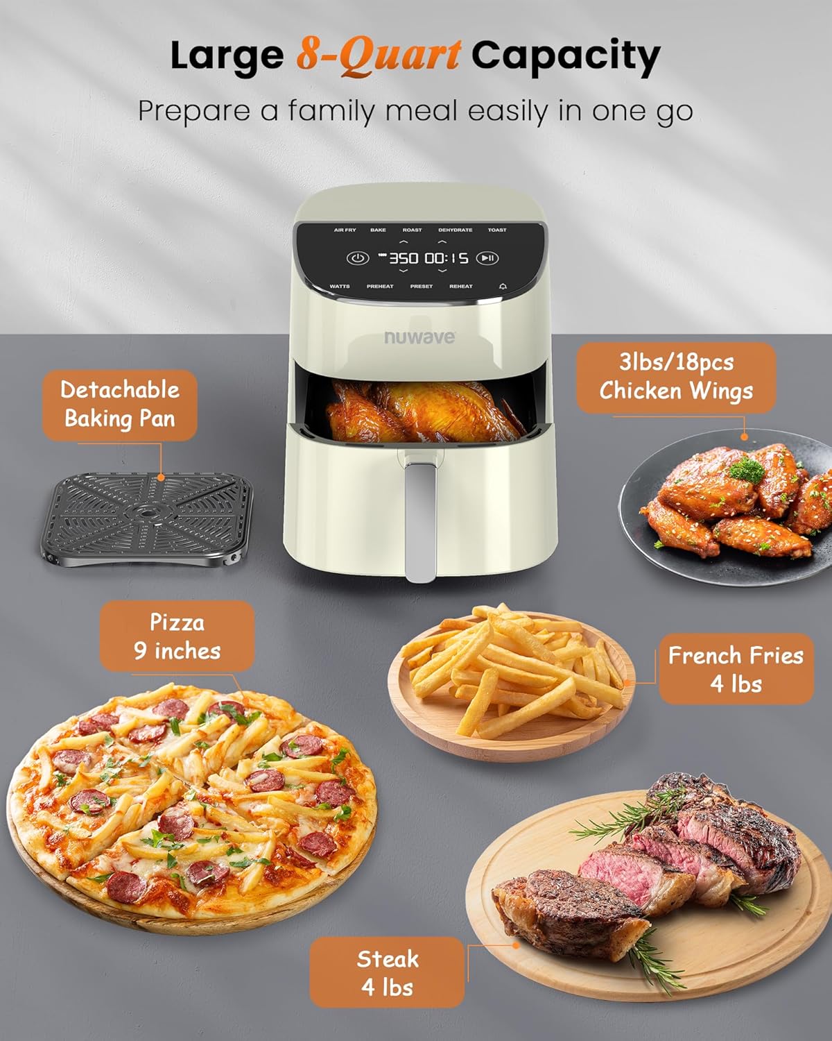 Nuwave Brio Plus Air Fryer 8 Qt, New & Improved, PFAS-FREE, 7 Digital One-Touch Cook Functions that AIR FRY, BAKE, ROAST, DEHYDRATE, TOAST, REHEAT, PREHEAT, 150 Presets, 50°F~400°F (Cream)
