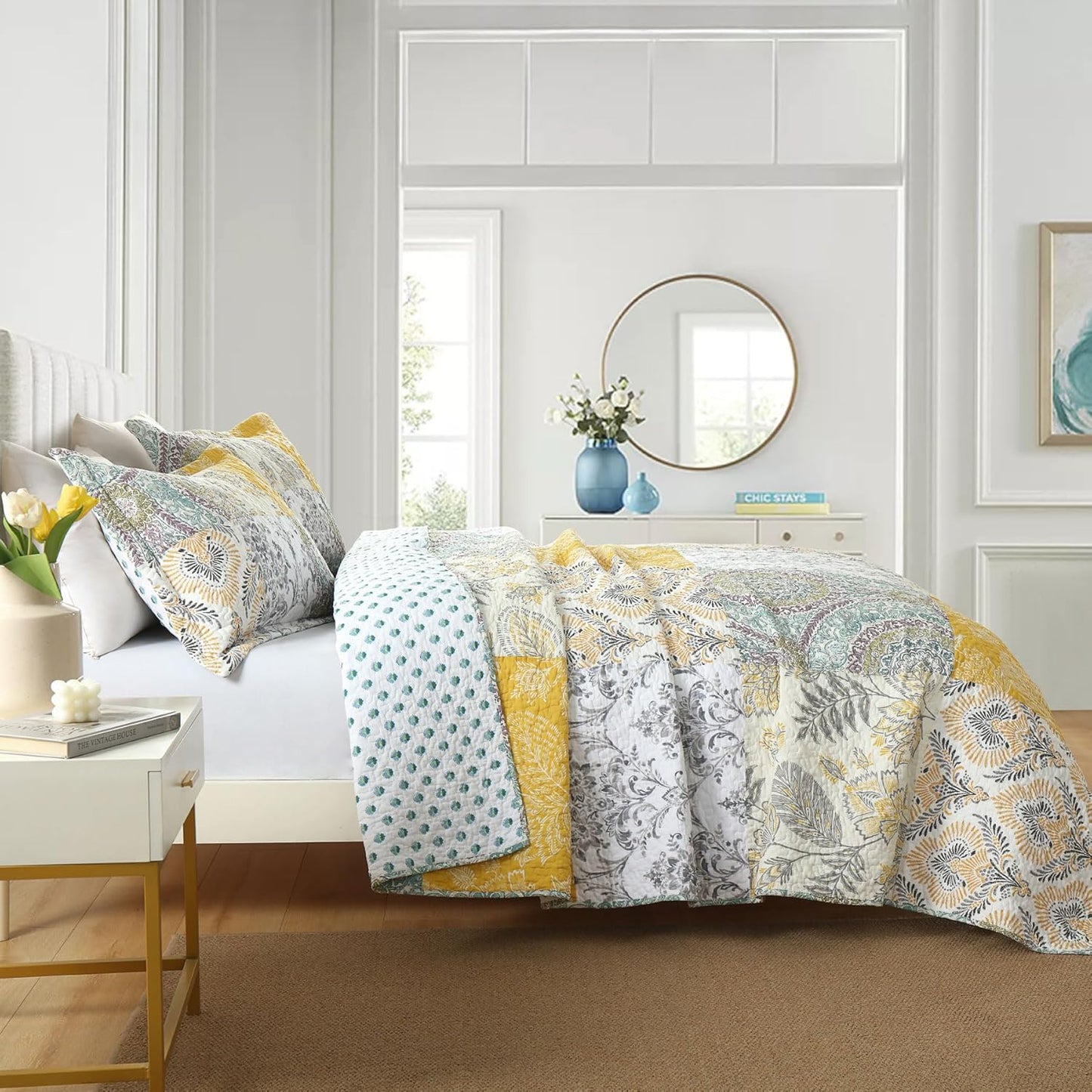 Secgo Queen Comforter Set for Bed - 100% Cotton Quilts Queen Size, Black Bedspreads (90 * 98 Inch) with 2 Pillow Shams, Patchwork Reversible Lightweight Bedding