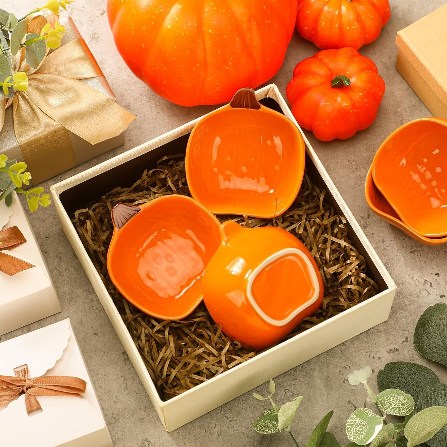 Dandat Fall Ramekins 6 oz Oven Safe Pumpkin Ceramic Ramekins Small Creme Brulee Dishes Dipping Pumpkin Baking Dish Shaped Bowl Plates for Serving Dip, Sauce, Condiments and Snack(24 Pcs)