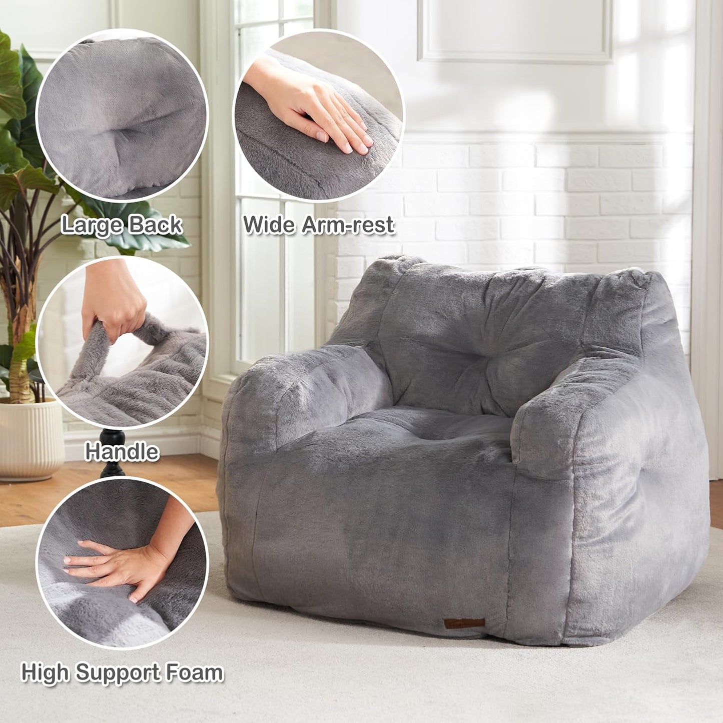 Hobestluk Bean Bag Chair for Adult Small Bean Bag Chairs with Arms Furry Beanbag Chair with Foam Filler Stuffed Bean Bag Sofa for Reading in Bedroom Living Room and Dorms(Grey)