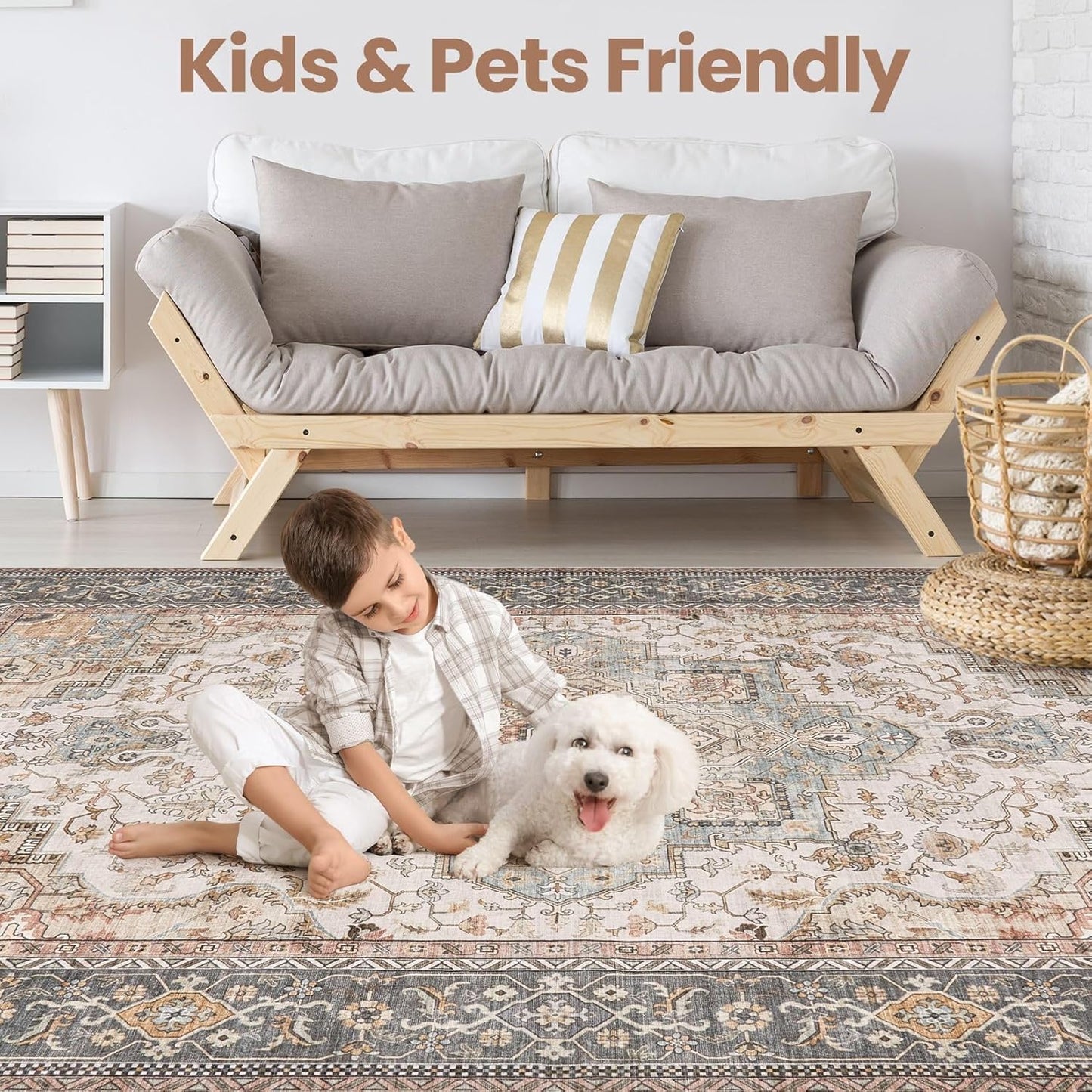 Washable Area Rugs for Living Room - 9x12 Neutral Vintage Distressed Floral Farmhouse Boho Large Soft Floor Rug Indoor Non Slip Carpet for Bedroom Dining Room Office -Forest Green Orange