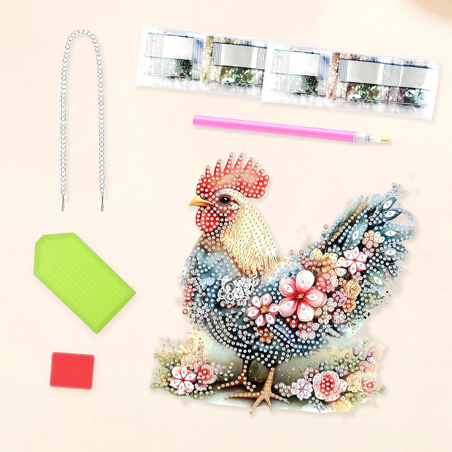 Lxmsja DIY Chicken Flowers Diamond Painting Hanging Ornament, Double-Sided Acrylic Sceney Diamond Art Kit, Special Shaped Drill Pendant Window Art Kit, Suncatcher Hanging Craft Decoration 8x7 inch