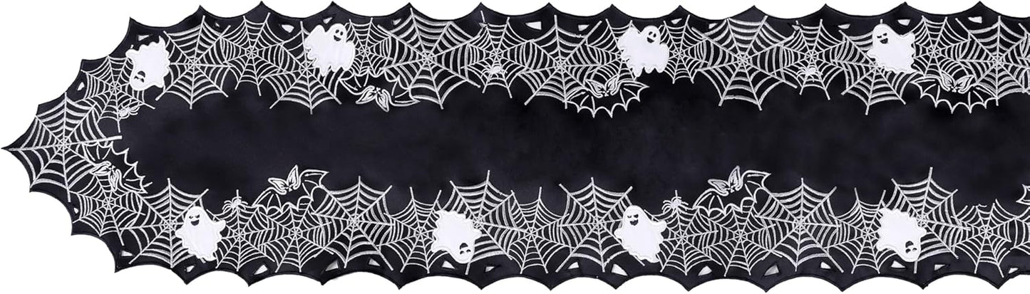 Chlophy Halloween Table Runner Black Spider Web Table Runner Gothic Embroidered for Kitchen Dining Halloween Dรฉcor Home Party Table Decoration 54in