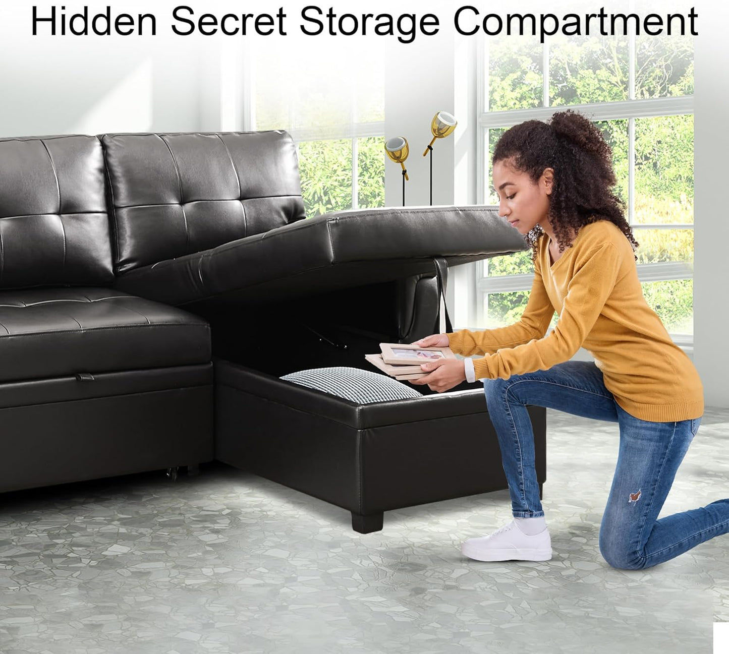 Naomi Home Modern Sectional Sofa with Storage Chaise Black/Air Leather