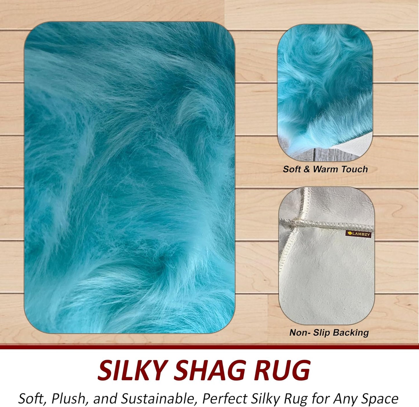 LAMBZY Faux Sheepskin Super Soft Hypoallergenic Free Shape Silky Shag Rug, Luxury Shaggy Plush Carpet for Bedrooms Living Kids Room Sofa Rugs (Blue, Double Side by Side 3'x4')
