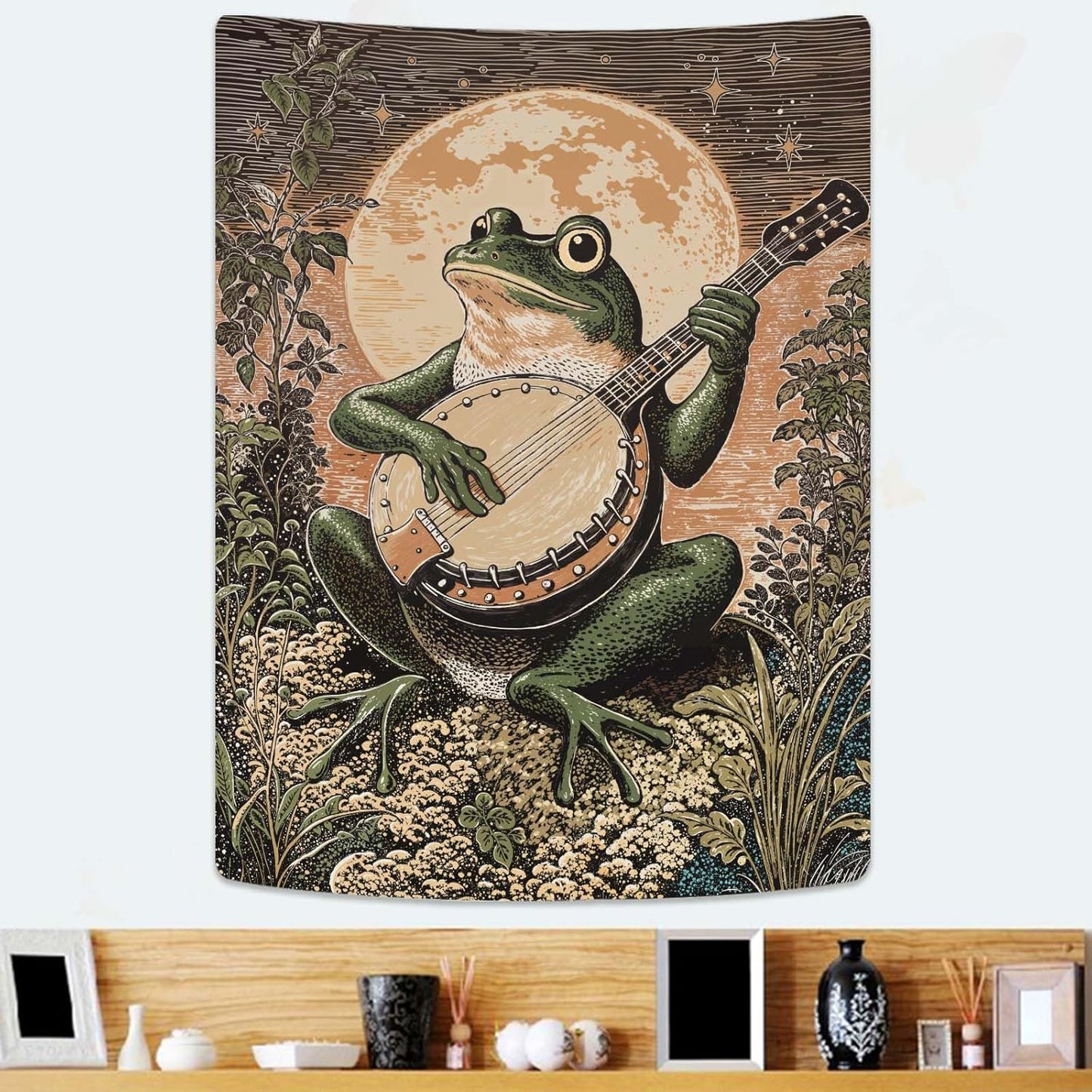 Lunerfex Moonlit Banjo Frog Wall Tapestry, Whimsical Amphibian Musician Tapestries for Room Decor, Folk Art Tapestry 44L x 60W