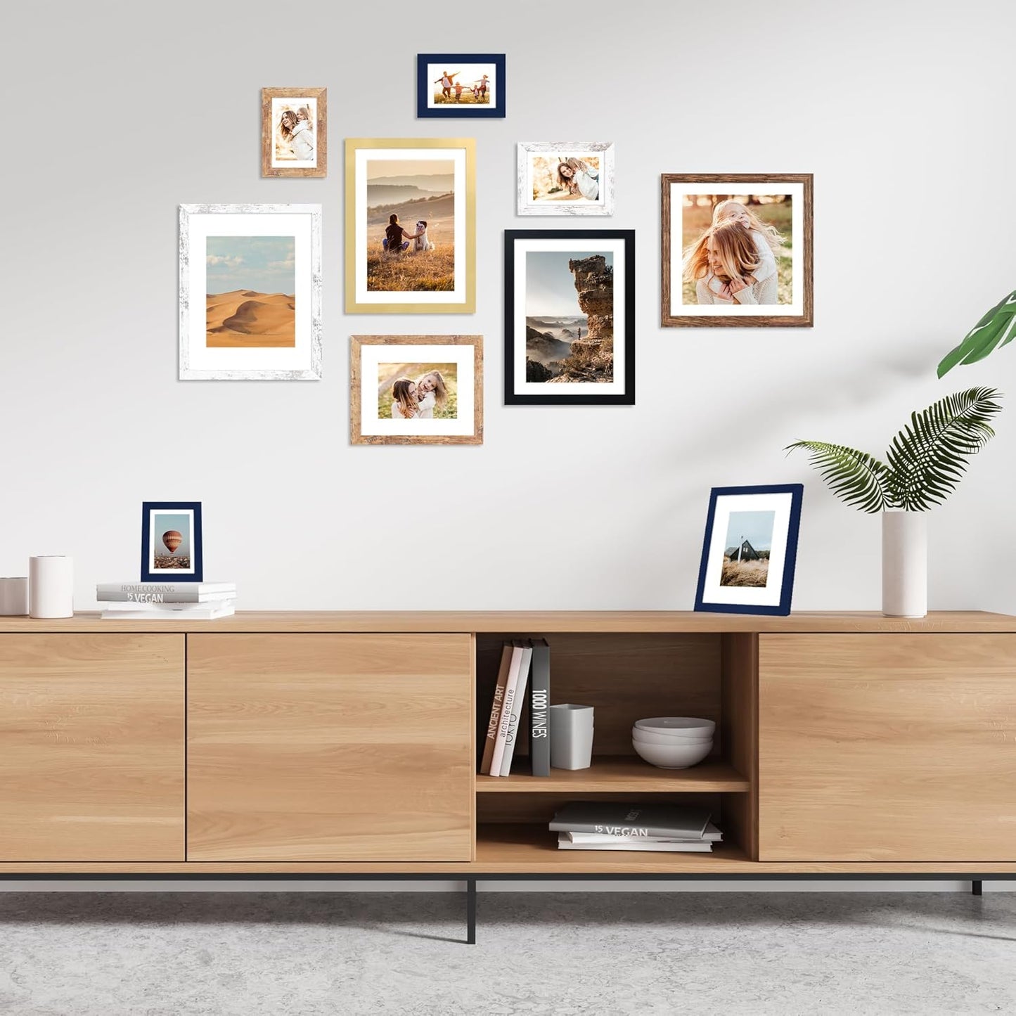 11x14 Picture Frame Set of 4, 11 x 14 Wood Photo Frames with Mat for 8x10, Natural Wooden Frame with Real Glass Cover for Wall and Tabletop Display,Brown