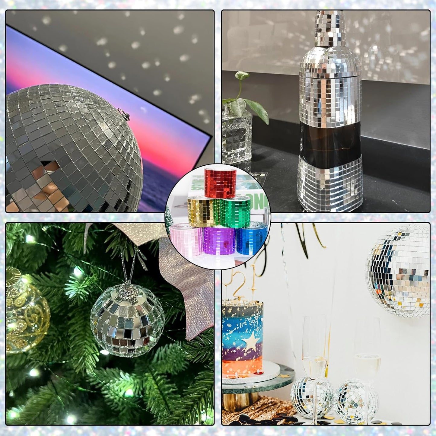 Green Self-Adhesive Glass Mirror Mosaic Tiles, 5 x 5 mm Square Mirror Tiles, 3200 Pieces Disco Ball Tiles for DIY Craft, 2 Rolls Disco Mirror Tiles for Interior, Art Collage, Card Making, Cups