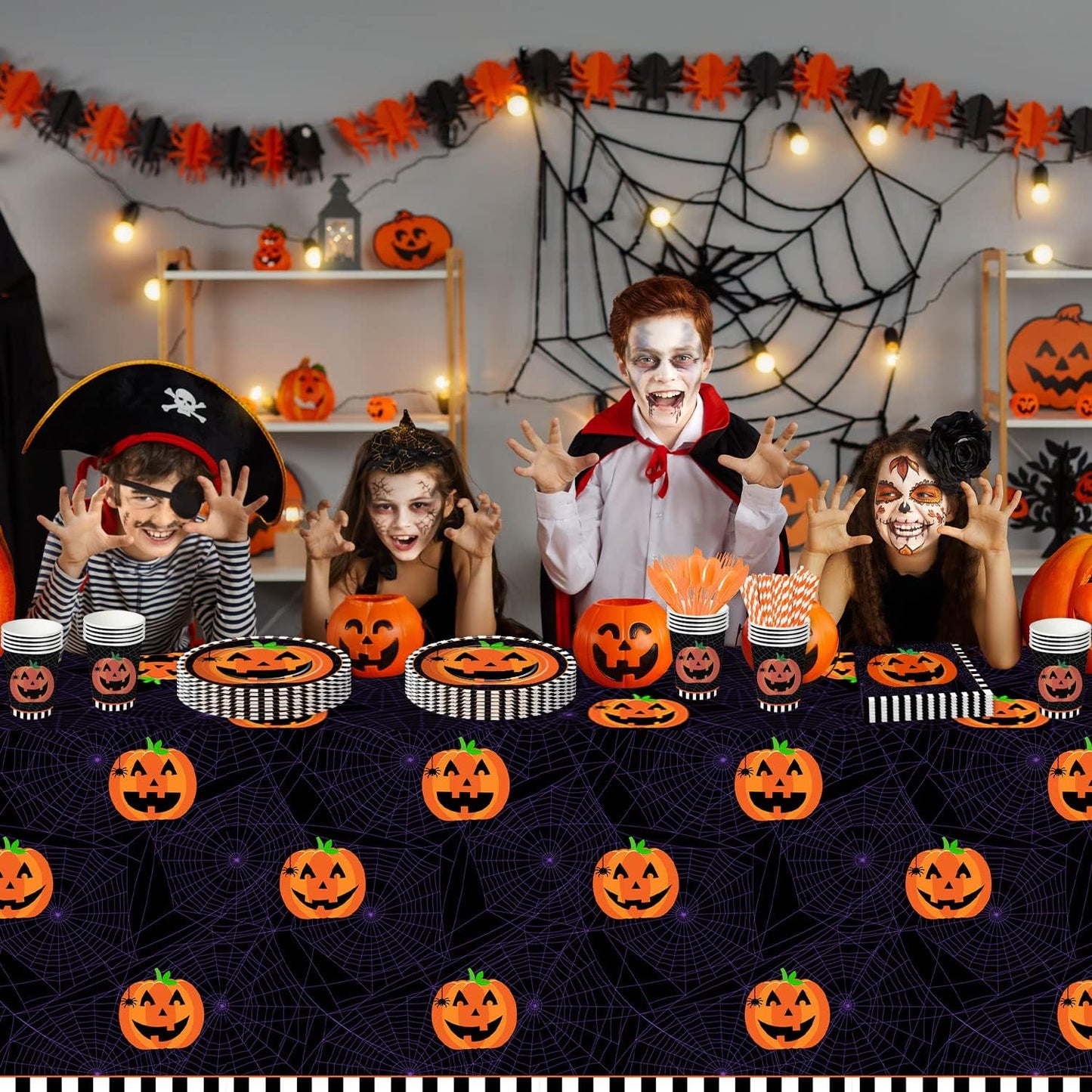 Halloween Plates and Napkins Party Supplies, Pumpkin Halloween Party Decorations Tableware, Pumpkin Paper Plate, Cup, Napkin, Tablecloth, Disposable Cutlery, Serves 24