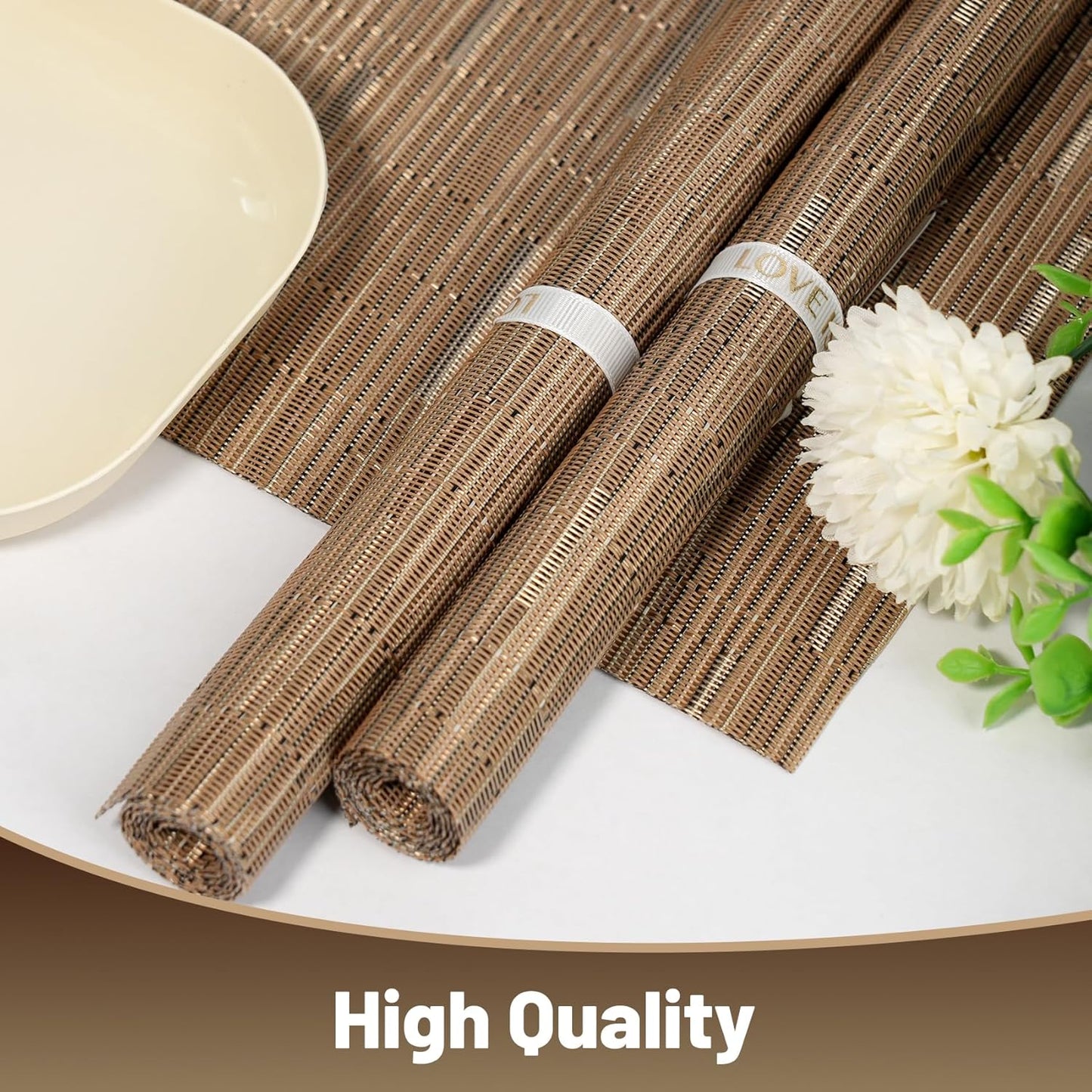 Placemats Set of 6,Non-Slip PVC Weave Table Mats Easy to Clean,Heat Resistant Place Mats for Kitchen Dining Table Decoration Indoor Outdoor,Light Brown