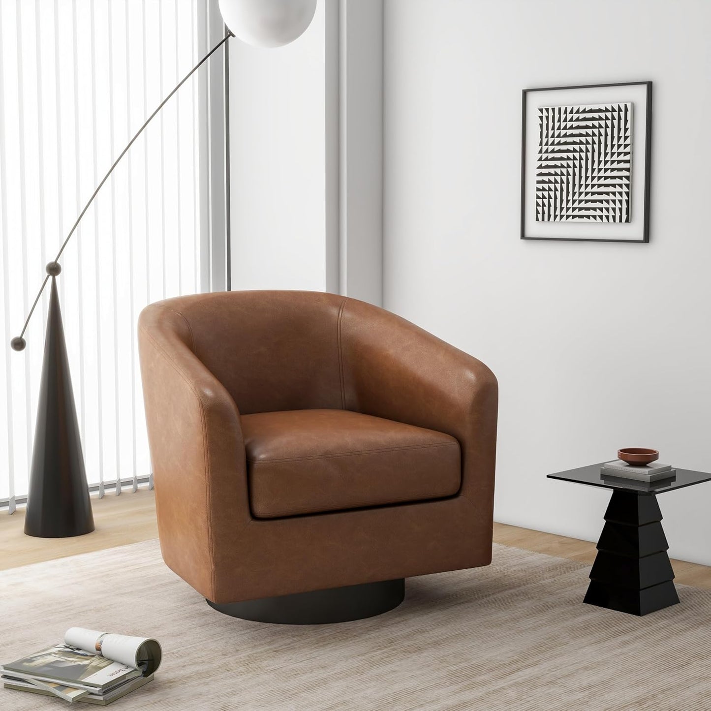 Swivel Barrel Accent Chair, Modern Round Faux Leather Arm Chair for Living Room, Bedroom, Comfy Club Reading Chairs for Adults, Faux Leather Brown, Set of 2