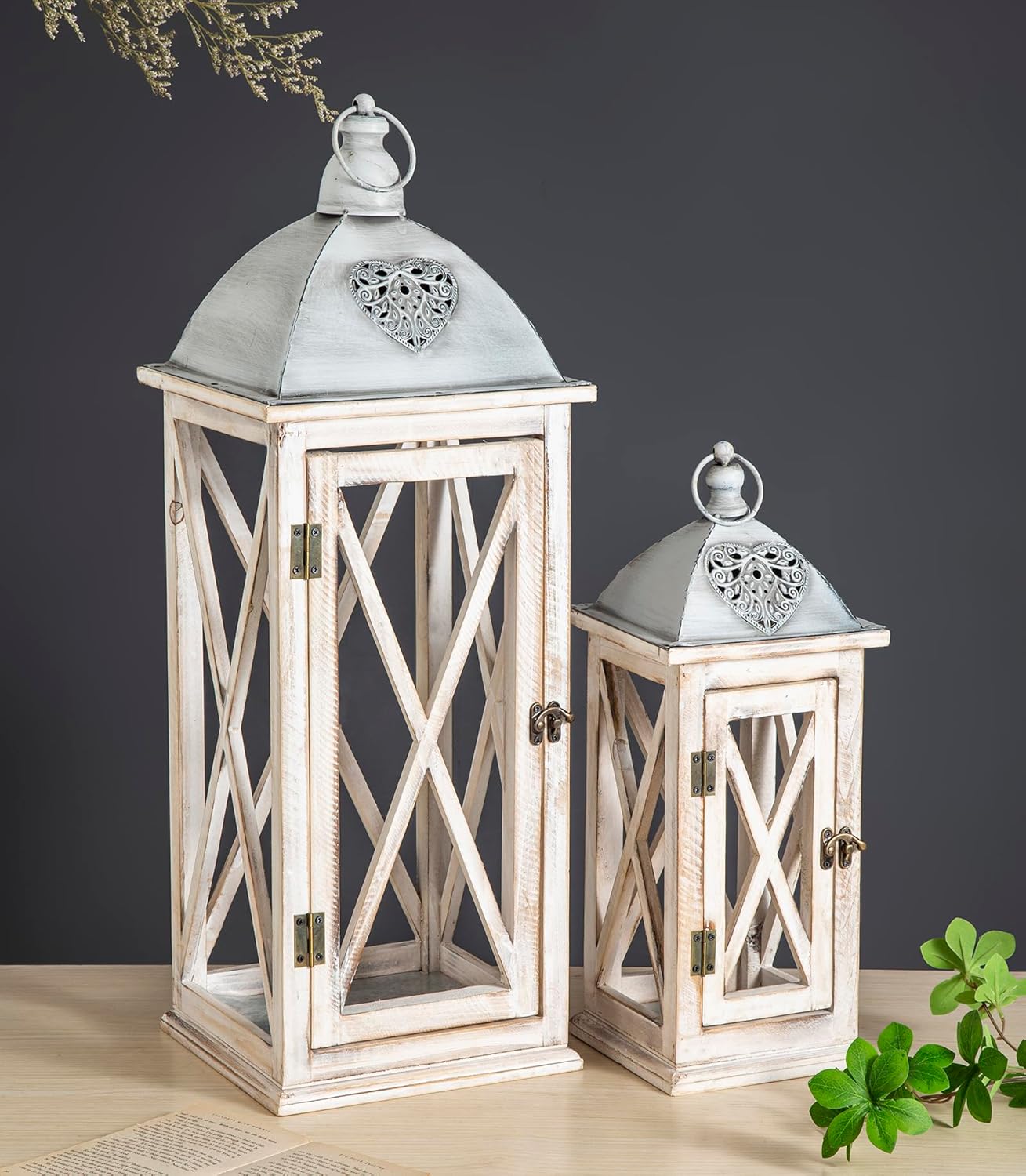 Set of 2 Large Farmhouse Wooden Metal Lanterns, Rustic Decorative Floor Candle Lanterns, Whitewash Distressed Hanging Lanterns for Home Decor (No Glass)