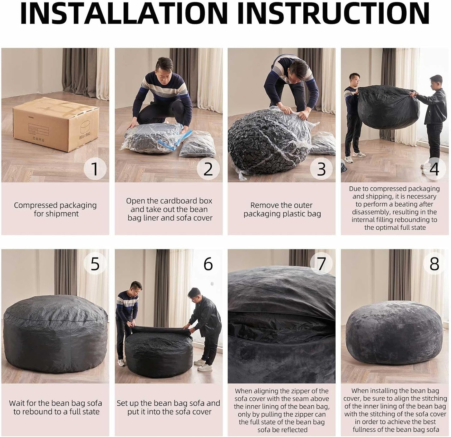 Bean Bag Chair 5Ft, Memory Foam Filled, Large Beanbag Chairs for Adults and Teens, Soft Sofa with Removable Flannel Cover, Round Couch for Living Room Bedroom College Dorm (Brown, 5FT-60×60"×24")