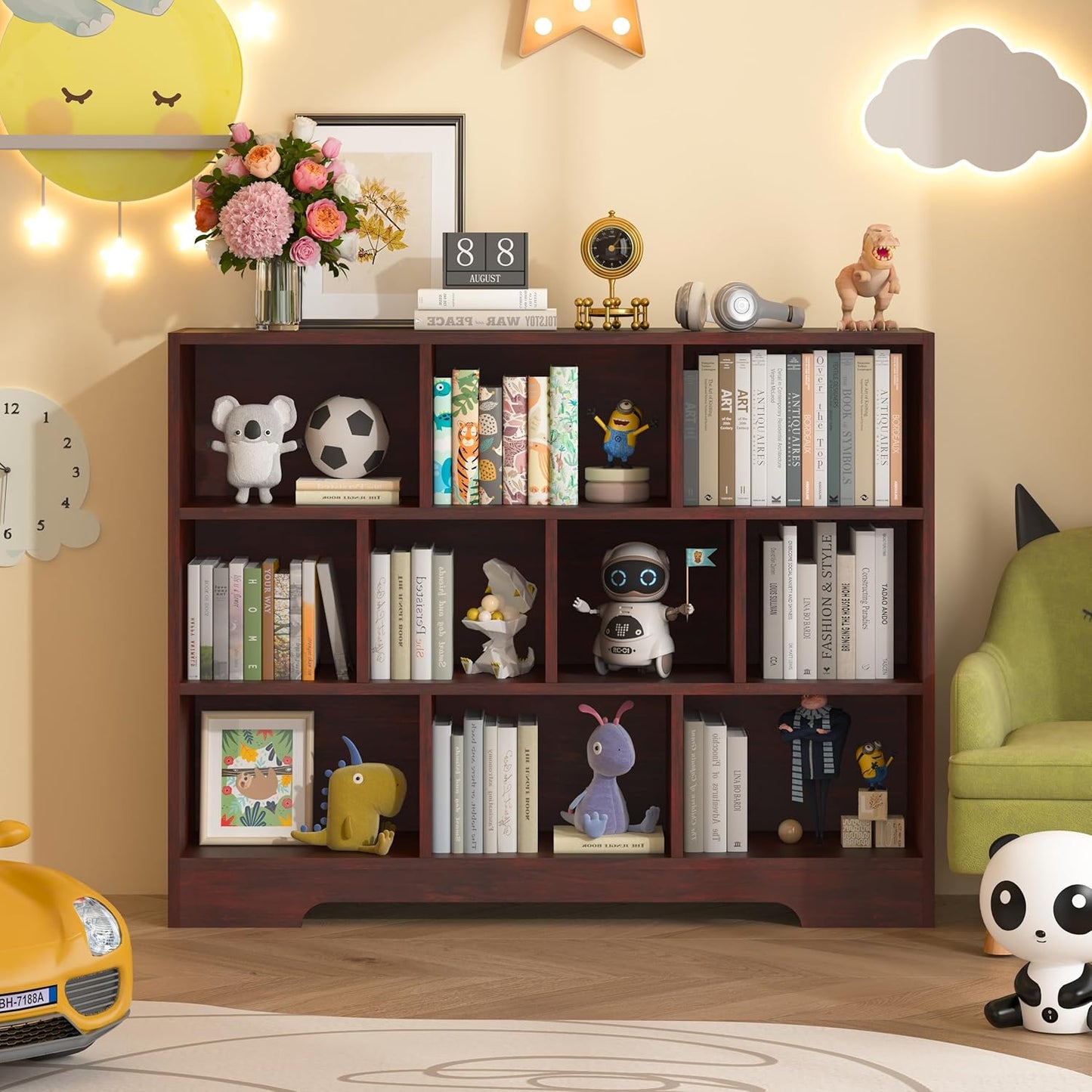 Book Shelf Set of 2, 10 Cubes Storage Organizer, 3-Tier Open Shelf Wooden Bookcase, Freestanding Cherry Bookshelf Cube Shelf for Bedroom, Living Room, Home Office