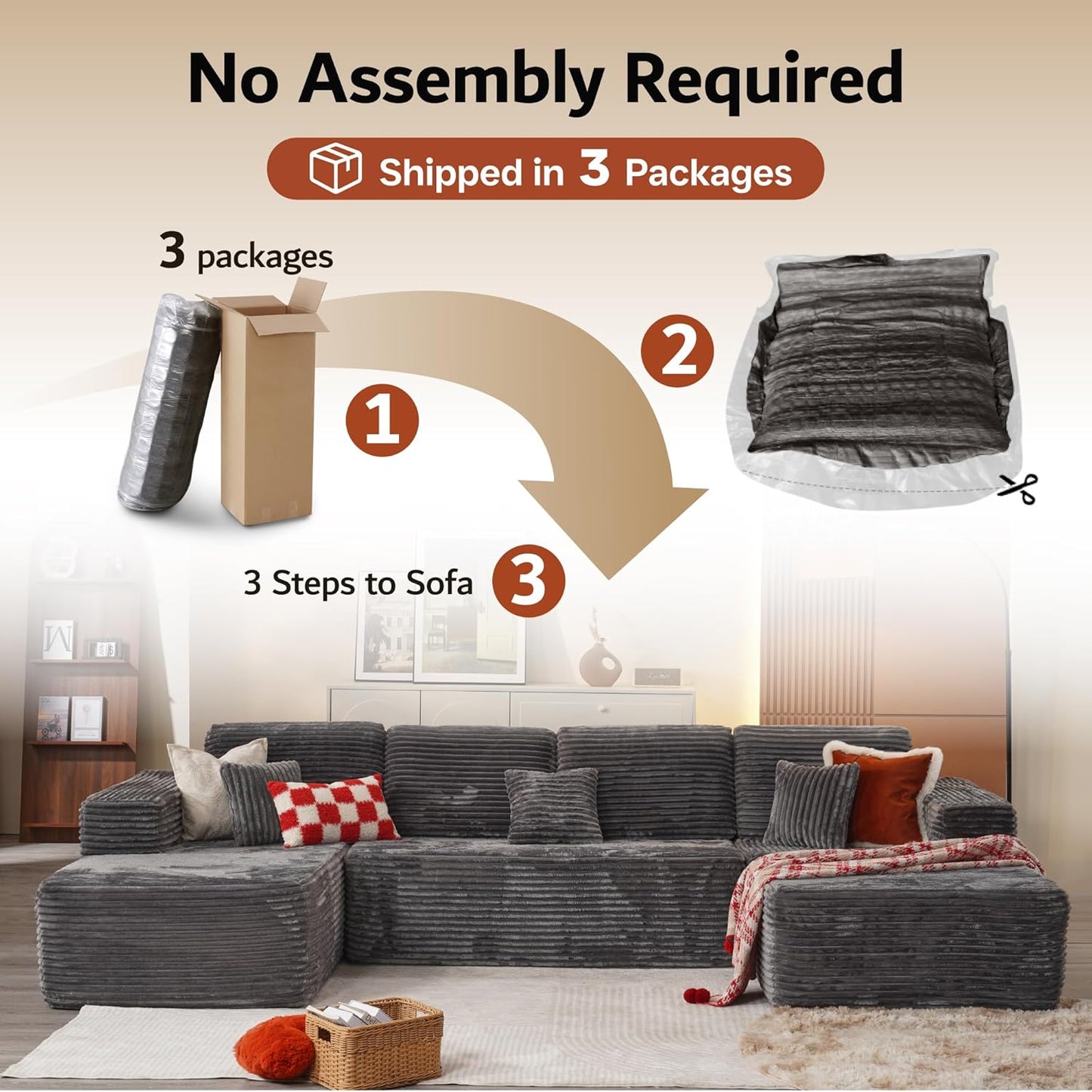 ovios Sectional Cloud Couch for Living Room, Modular Floor Sofa with Plush Corduroy, No Assembly Required, Big Comfy Couches Set with Fluffy Memory Foam, Stupendous U Shaped Sofas with Chaise, Black