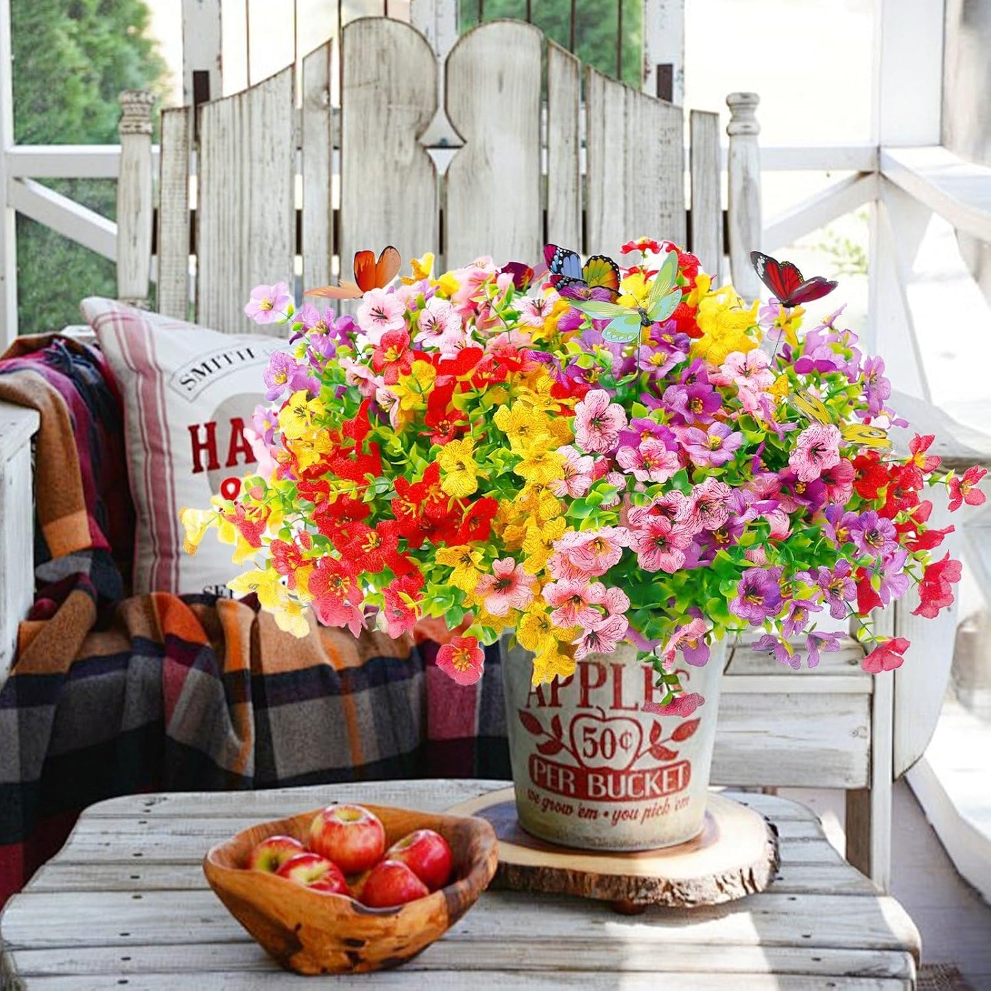 20 Bundles Artificial Flowers for Outdoors with 6 Faux Butterflies, UV Resistant Fake Flowers with Eucalyptus Leaves, Artificial Plants Outdoor for Patio Garden Porch Home Decor (Mix 4 Colors)