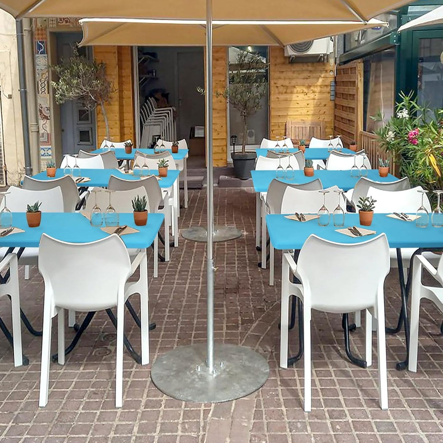 Fitted Tablecloth for 8 Foot Rectangle Table-4 Pack Light Blue Elastic Outdoor Picnic Table Cover-Spandex Stretch Folding Tablecloths 8ft for Camping Dining Room Patio Kitchen Banquet Party