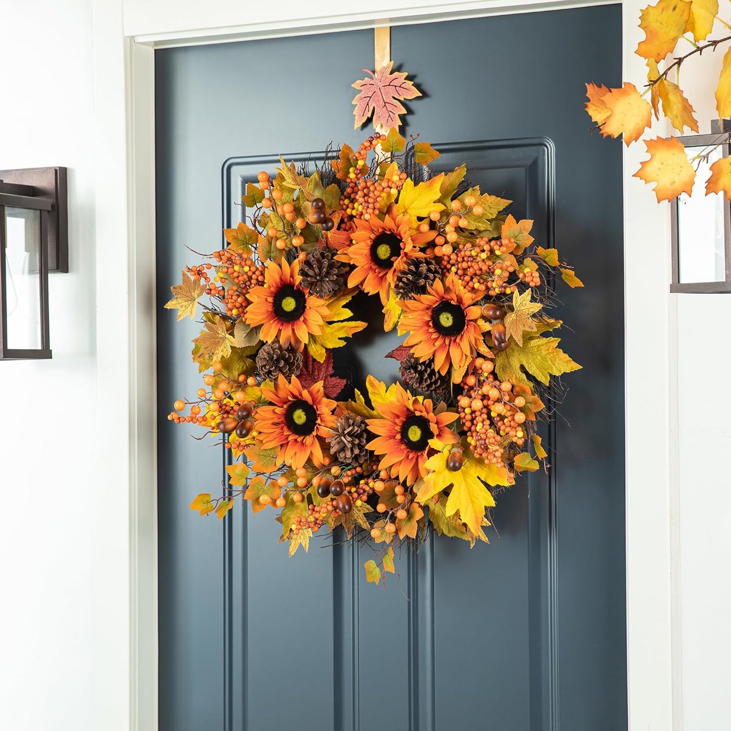 Glitzhome 24'' Fall Wreath for Front Door Decor, Artificial Autumn Orange Wreath with Sunflower, Maple Leaf and Berry Ornament for Wall Fireplace Farmhouse Thanksgiving Day Harvest Festival Decor