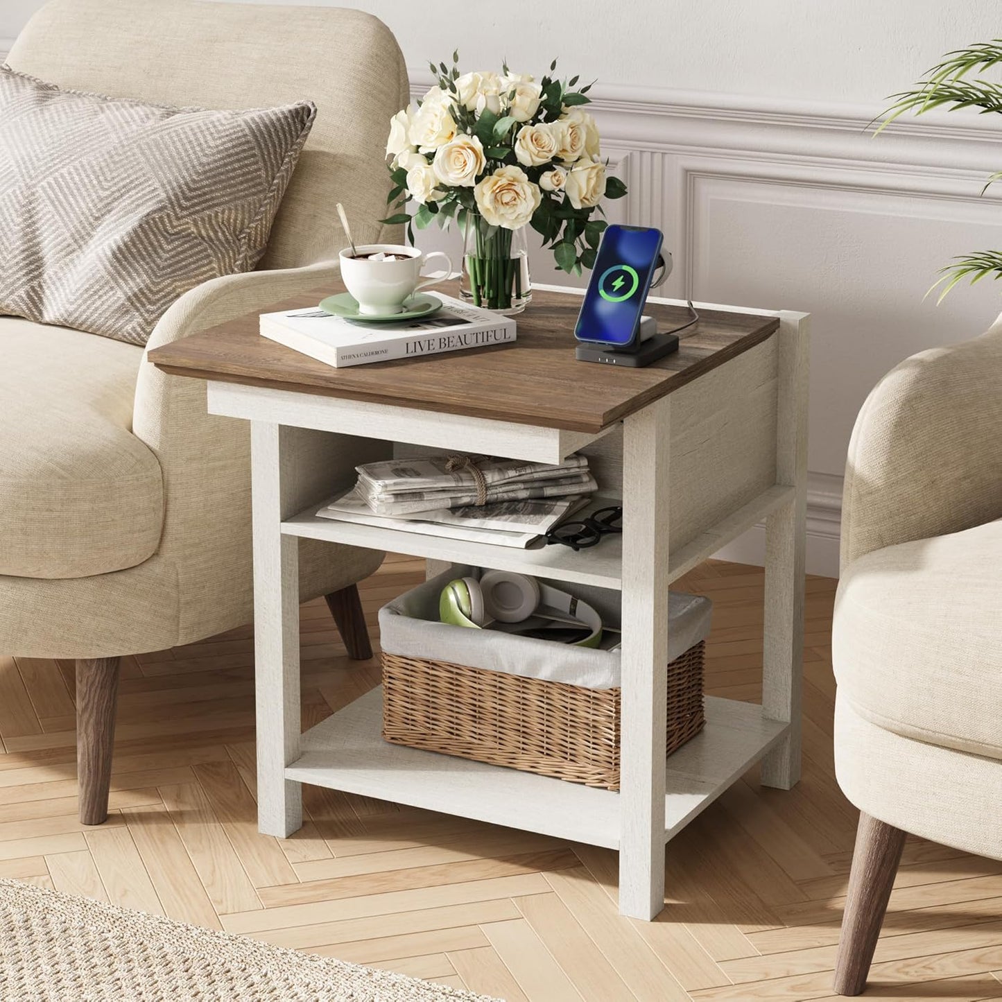 Rresyet Sliding Side Table Set of 2 with Charging Station & 2-Tier Storage,Farmhouse End Table, Wooden Nightstand for Bedroom & Living Room,White