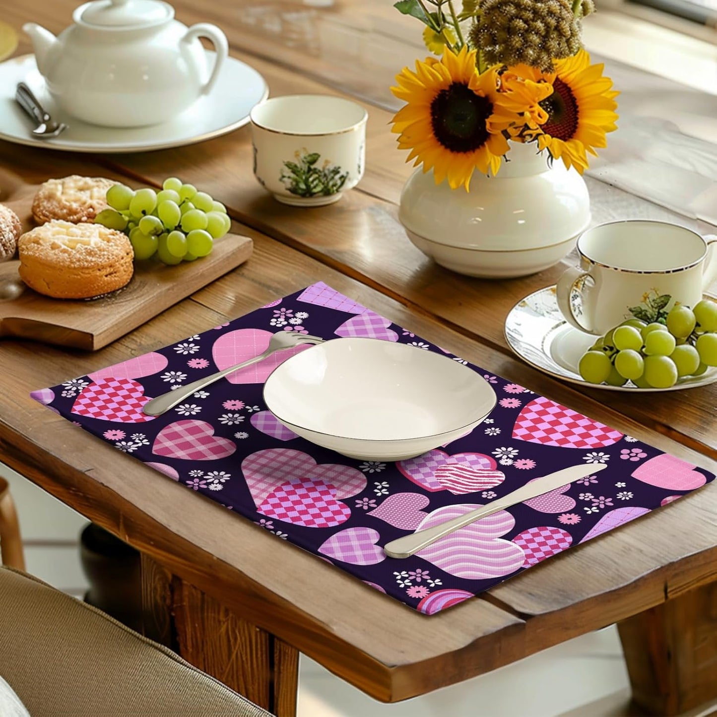 Pink Love Hearts Valentine's Day Placemats Set of 4 Seasonal Valentines Anniversary Wedding Linen Table Mats Pink Black Washable Place Mats for Party Kitchen Dining Outdoor Indoor Decor 12x18 Inch