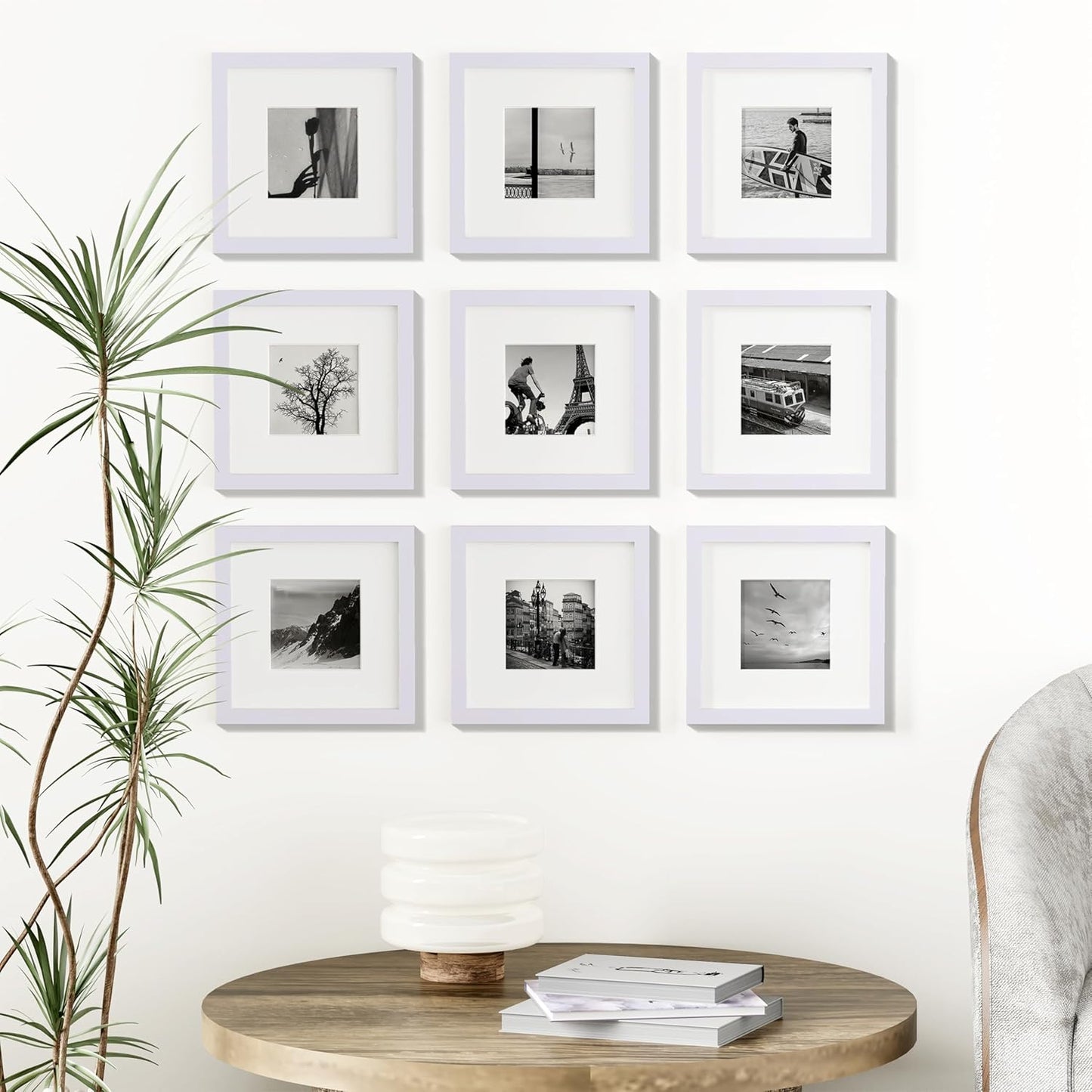 Vittanly 8x8 Picture Frames Set of 9, Shatter Resistant Plexiglass, Display 4x4 Pictures with Mat or 8x8 without Mat, Photo Frames for Wall Mount, Engineered Wood, White