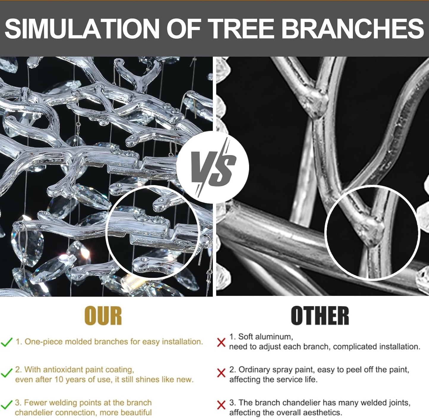 Modern Crystal Silver Chandelier,72" Large Rectangular Chandeliers for Dining Room, Tree Branch Crystal Lving Room Chandelier,Dining Room Over Table Chandelier,Fixture Height-Adjustable